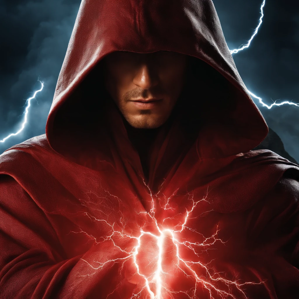 "An epic masterpiece with the best quality, Introducing a film still of a young man on the rampage. O close-up captura sua raiva intensa enquanto ele canaliza o poder do raio. Imagine um ninja prateado vestindo roupas cinzas, com cabelos castanhos, costeletas selvagens e olhos castanhos penetrantes. An aura of red lightning surrounds him, illuminated by dramatic and harsh lighting. Clouds of thunder appear in the background, Aumentando a atmosfera eletrizante. Enhance the scene with sparks (peso: 0.9)."