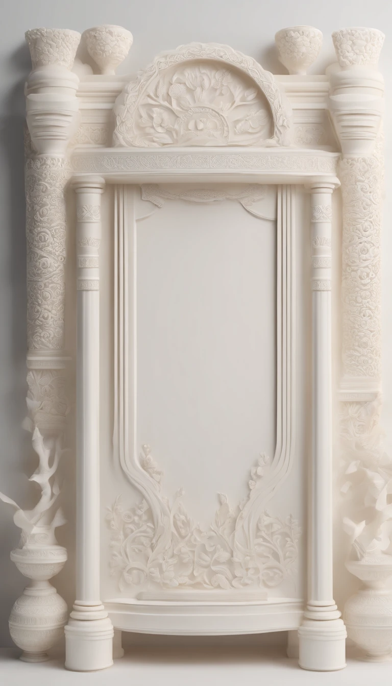 3D white pop-out name plate, no object on the center, on the left side there is a torch pole, on the left side there is also a torch pole, rounded rectangle name plate, blank name plate, relief surround name plate, meticulously carved, white ivory carving, minimalistic, white spaces, pastel, javanese style, blank background, multidimensional paper fog crafts, paper illustration, portrait angle view, surabaya, 8k,chick, elegant, satisfying, forrestrial, high resolution, 8k