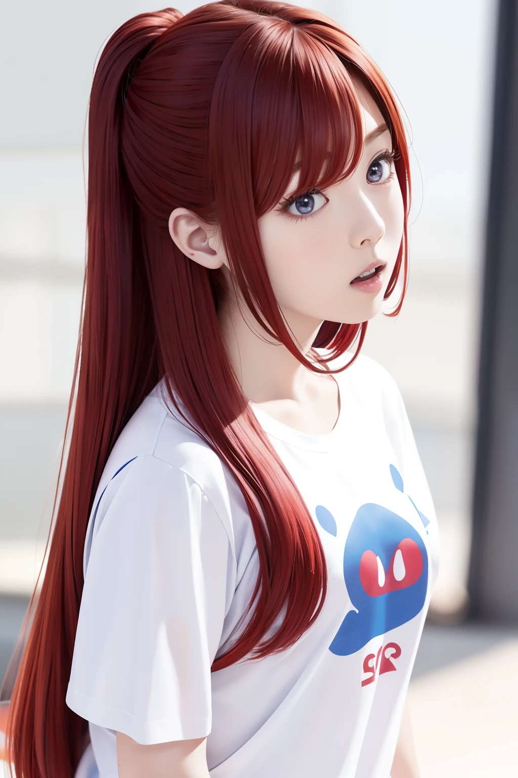 1 girl, solo, long hair, side top pigtails, bright red curly hair, bangs, slim body, very large breasts, ball shaped breasts, bright red pupils, bright red eyes, glowing red contact lenses, hair between eyes, very long hair, red hair, solo focus, lips, drill curls, side pigtails, Japanese with a kind face, 5 fingers, special attack uniform
