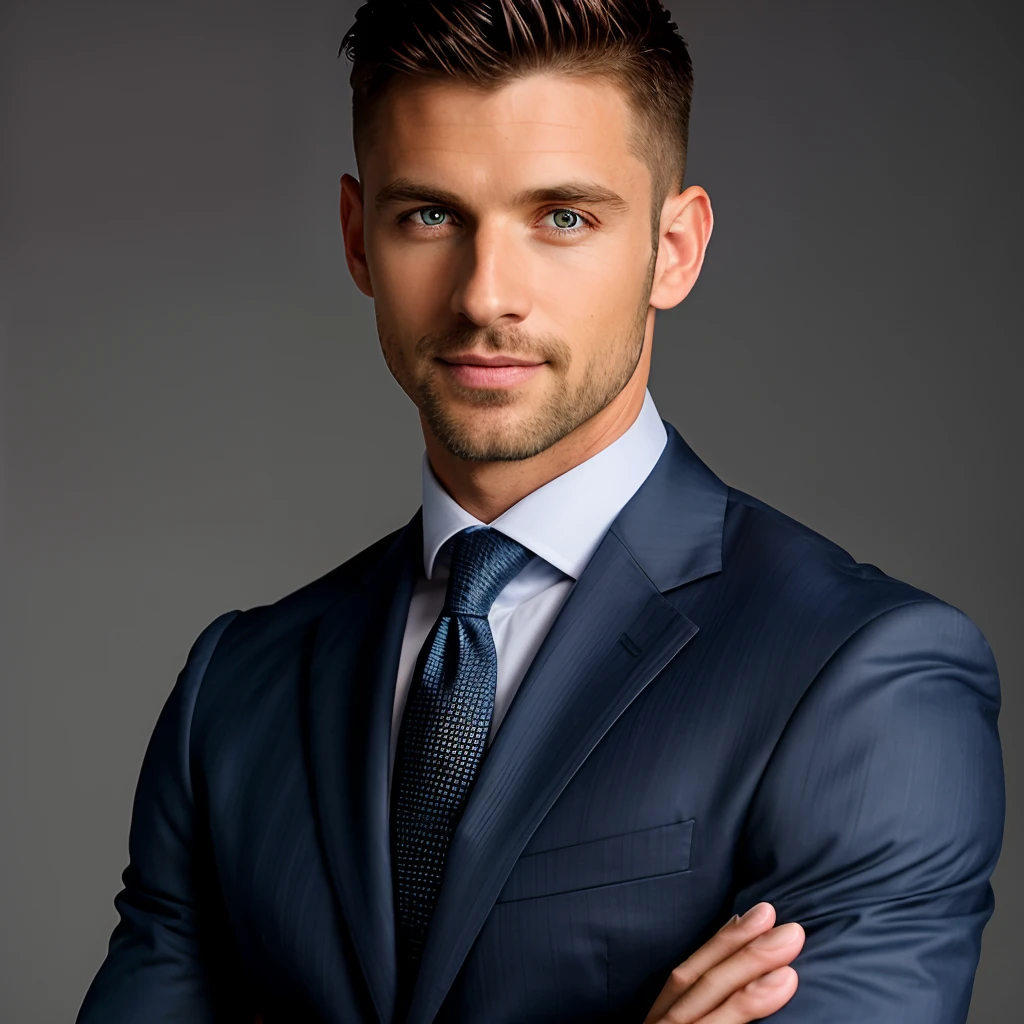 headshot, (jacked bright blue eyes), upper body photo, (low fade haircut:1.14), dark blonde hair, (sunburned skin, 5 o'clock shadow) ((smirking, buff)), detailed face, detailed iris, blue eyes, full lips, ((cute, wearing a modern luxury dark navy blue suit, pocket handkerchief, buff, low fade haircut)), ((grey background, symmetrical facial features)), intricate details, studio lighting, 80mm, portrait, shallow depth of field, CEO, smirking, happy