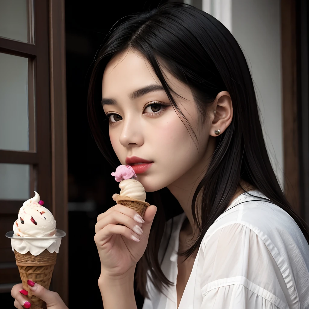 best quality, masterpiece, girl, Dark hair, dark eyes, home , real skin, flowers , ice cream