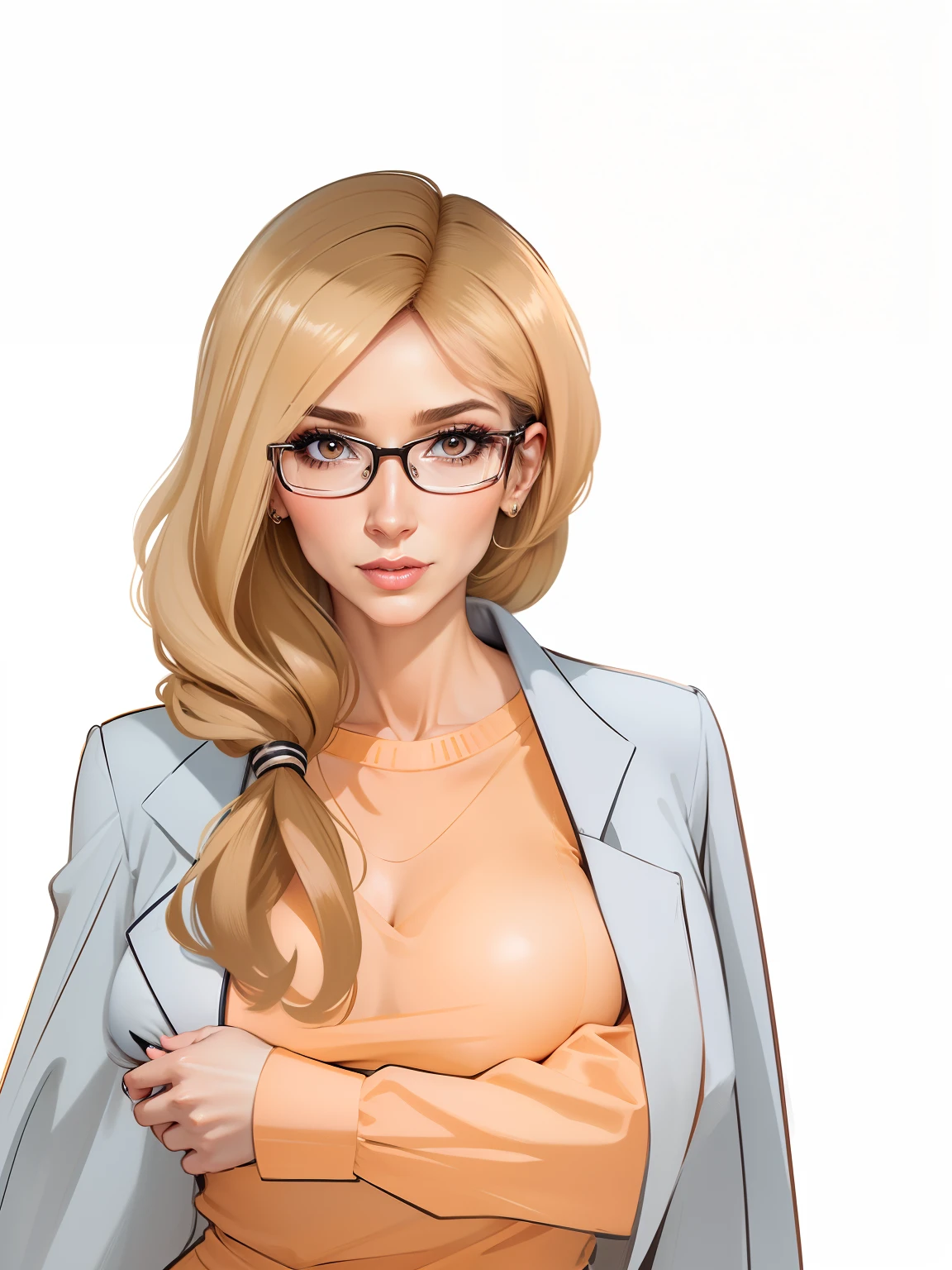 Dra. Liz, mulher ,37 anos, European,olhos azuis, pele clara, wears a long sleeved peach color blouse, uma saia preta, um jaleco branco, wears glasses