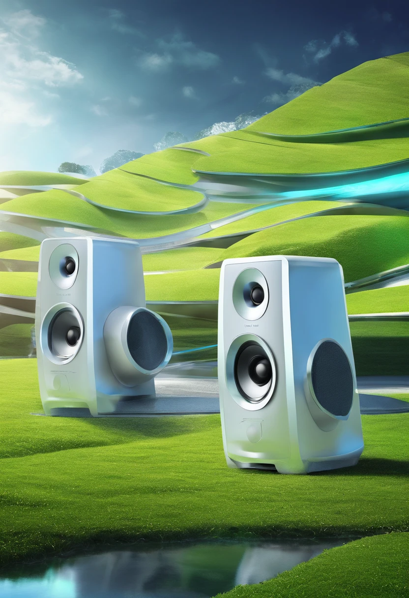 (best quality,highres:1.2),ultra-detailed,realistic,landscape,2giant speakers,background details,vivid colors,professional lighting