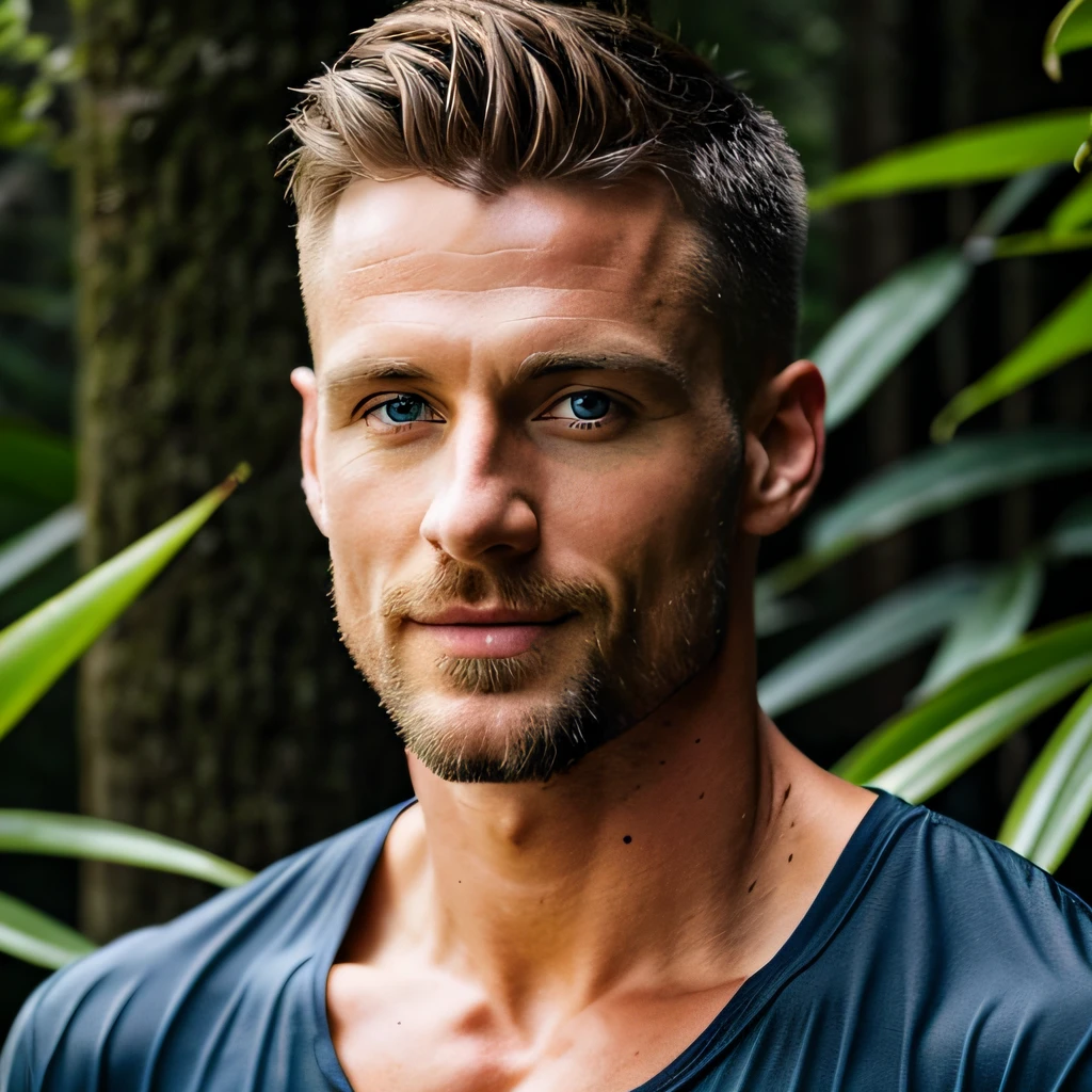 8K resolution, 33 year old model, Swedish European male, blue eyes, dark blonde hair, low fade cut, forest background, not a portrait. HD 4K face detail handsome robust man with short dark blonde hair and piercing blue eyes. he was tall and muscular, with broad shoulders and a strong, athletic build. He had an easygoing confidence about him and a calm, assured demeanor that made him look like he could handle any situation. Your wet clothes, wet hair. Standing in a jungle of giant trees and lots of vegetation. hyperdetailed. photorealistic. high quality.8k