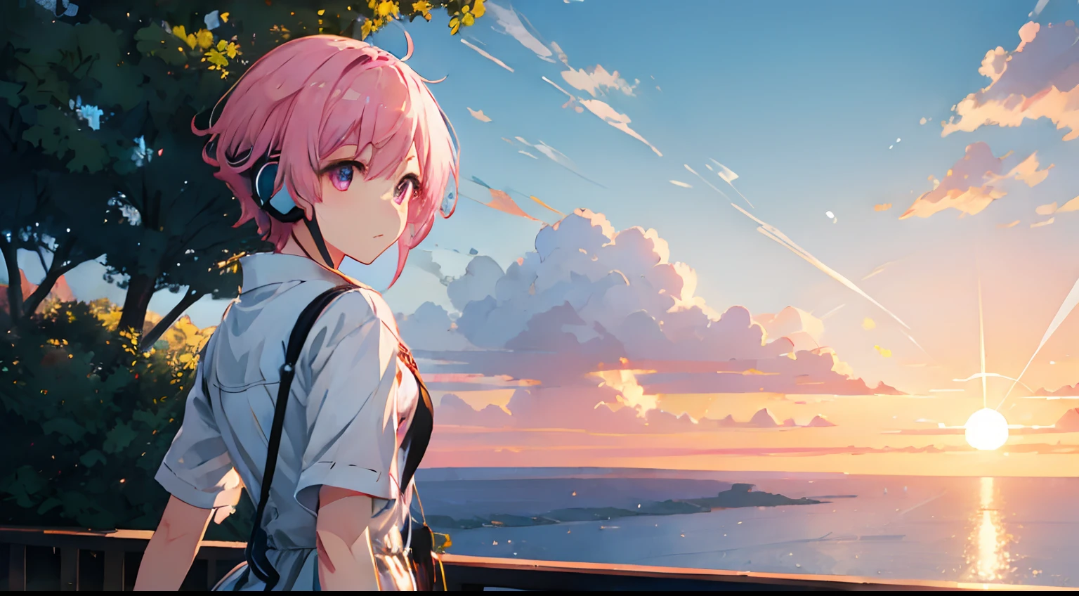 Large grasslands、landscapes、Movie stills、Sea、Sunset in the city（Spark：0.7）、Scenery like Makoto Shinkai、pink shorth hair、Pink eyes、headphones、kawaii、Hair is short、short-cut、eyes large、