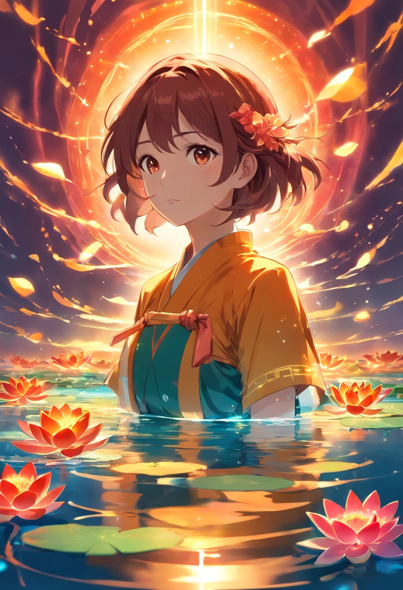 Enlightened mind, Red tones from orange to gold. About the rainbow color lotus flower, And float on transparency, Transparent water, Gold gradient background with light transparency. Golden energy flowed out of the flower core.