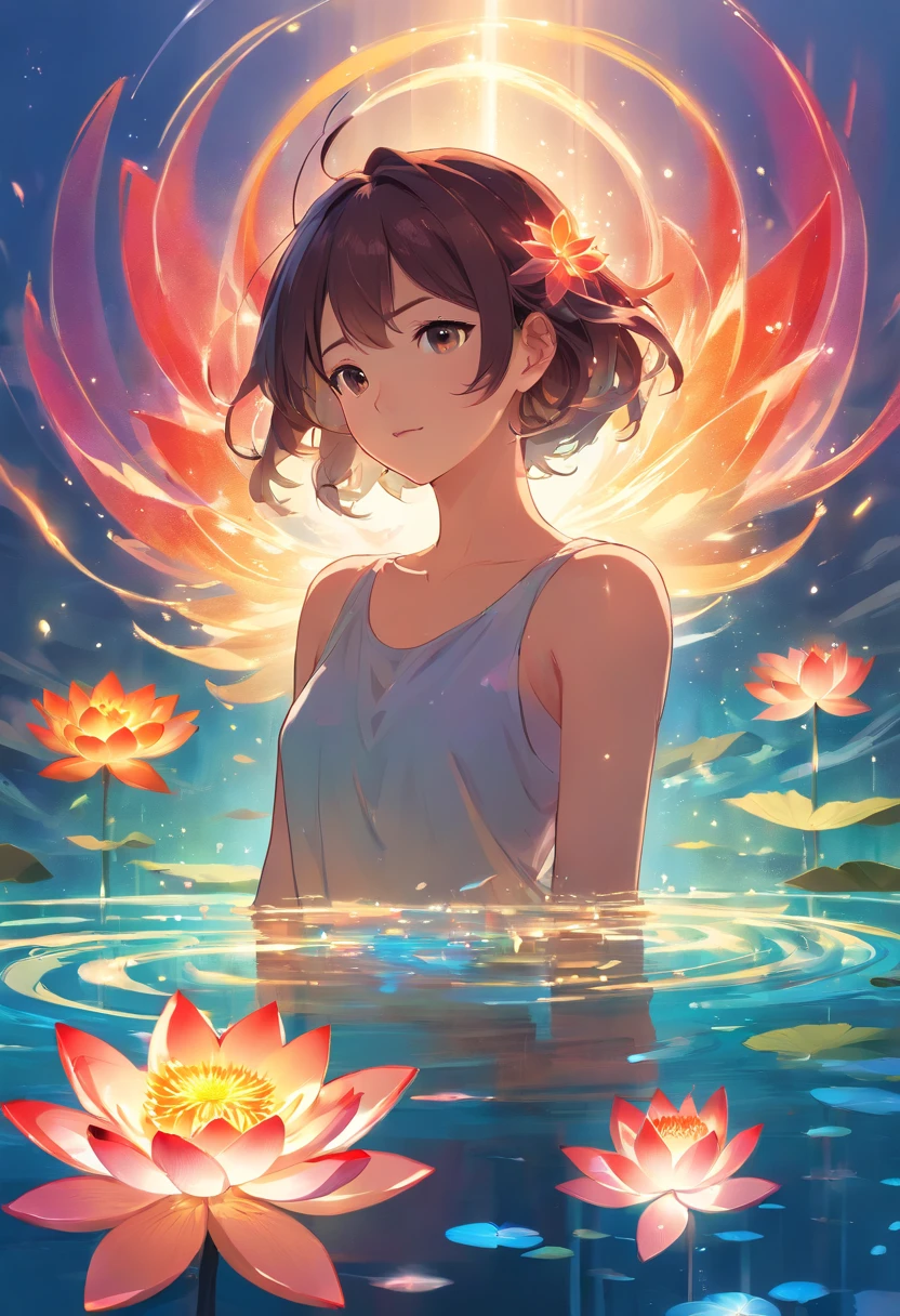 Enlightened mind, Red tones from orange to gold. About the rainbow color lotus flower, And float on transparency, Transparent water, Gold gradient background with light transparency. Golden energy flowed out of the flower core.