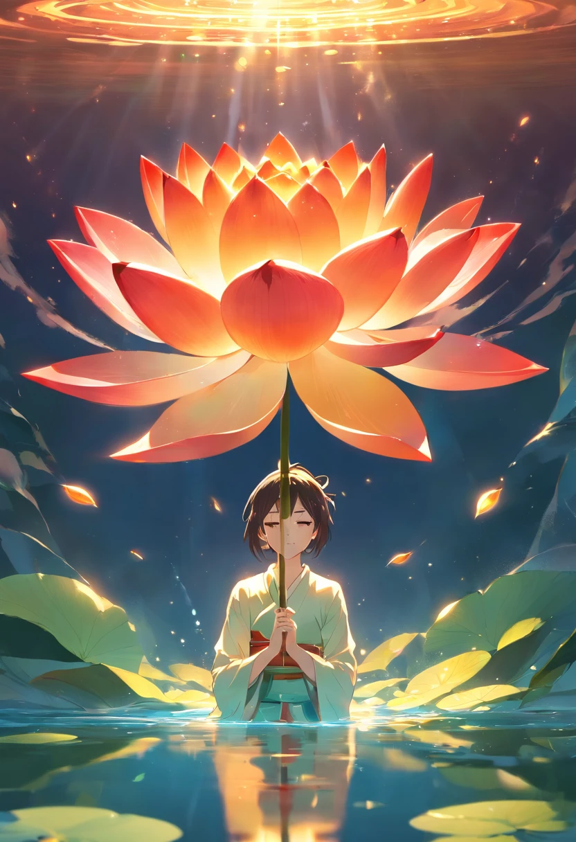 Enlightened mind, Red tones from orange to gold. About the rainbow color lotus flower, And float on transparency, Transparent water, Gold gradient background with light transparency. Golden energy flowed out of the flower core.