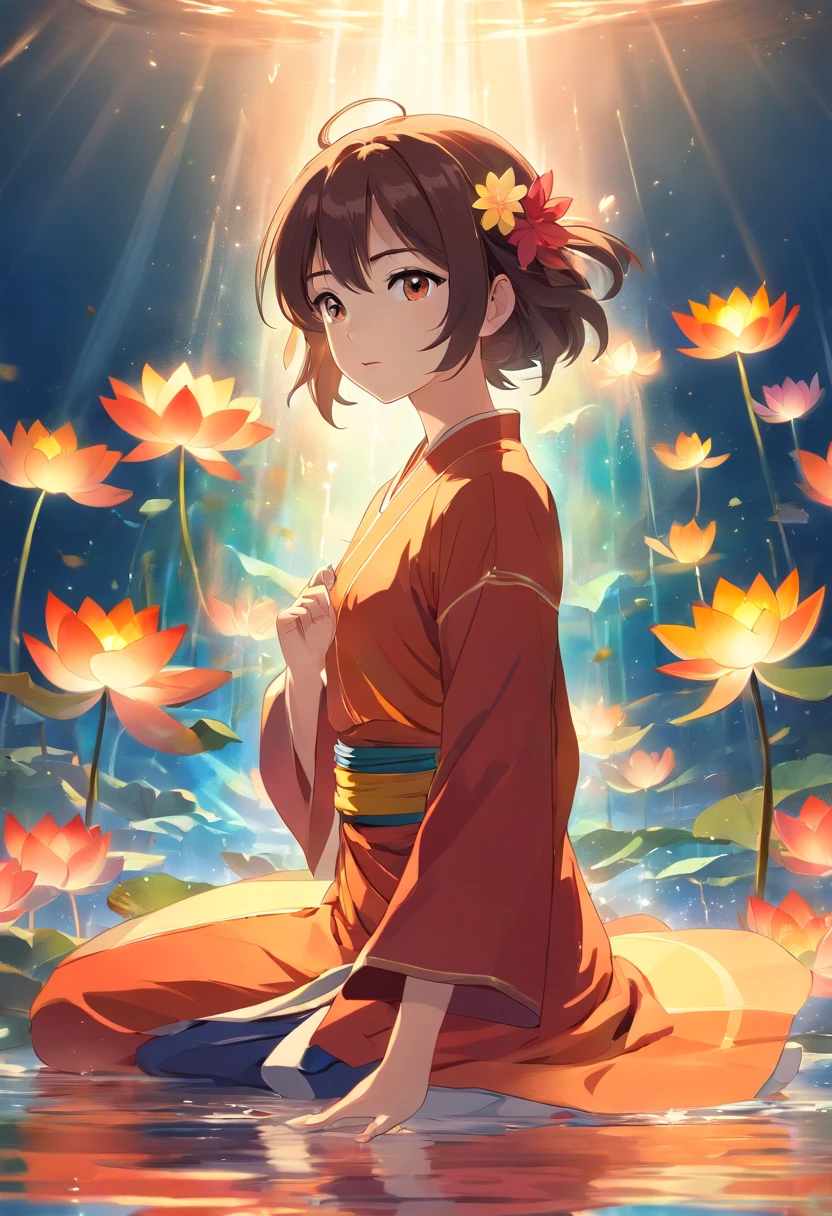 Enlightened mind, Red tones from orange to gold. About the rainbow color lotus flower, And float on transparency, Transparent water, Gold gradient background with light transparency. Golden energy flowed out of the flower core.