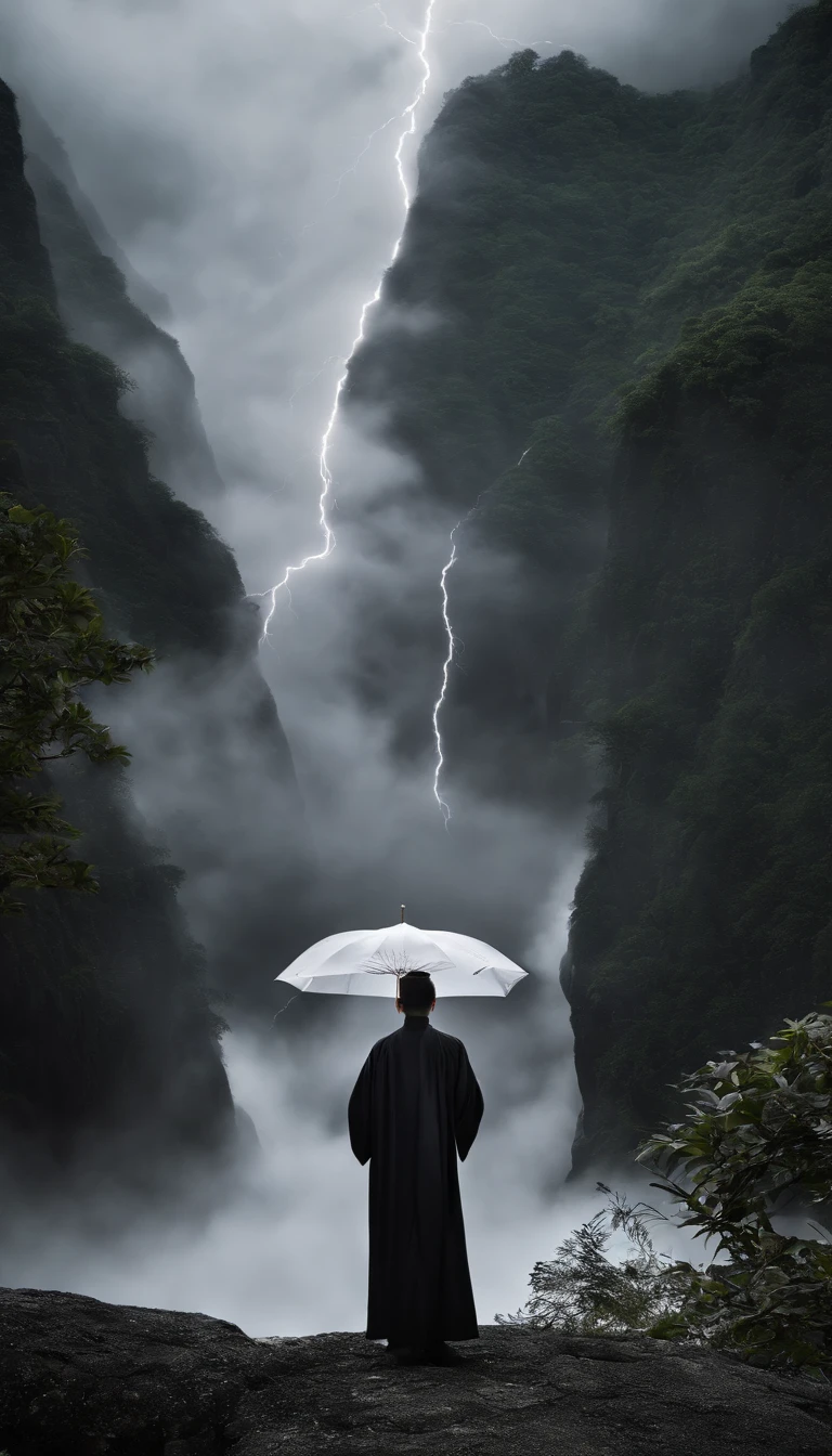 ((master part))，(melhor qualidade))，Vista distante，Surrounding lightning，Chuva de Espada，A young Taoist priest，Sistema de Espada Infinita，efeitos de brilho，hyper-realistic，Ultra foto realsisim，Chinese black and white ink style，preto e branco，Discoloration，Mancha，tinta，8k，super-fino，alta qulidade
