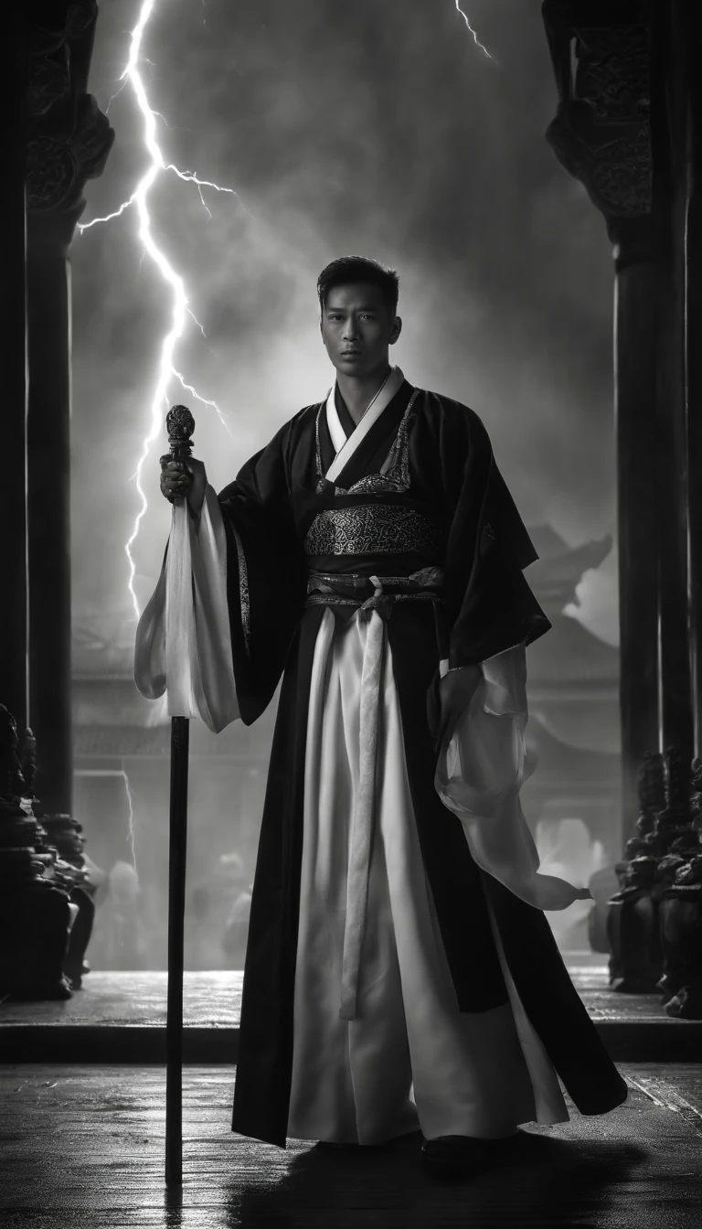 ((master part)),(melhor qualidade)),Vista distante,Surrounding lightning,Chuva de Espada,A young Taoist priest,Sistema de Espada Infinita,efeitos de brilho,hyper-realistic,Ultra foto realsisim,Chinese black and white ink style,preto e branco,Discoloration,Mancha,tinta,8k,super-fino,alta qulidade