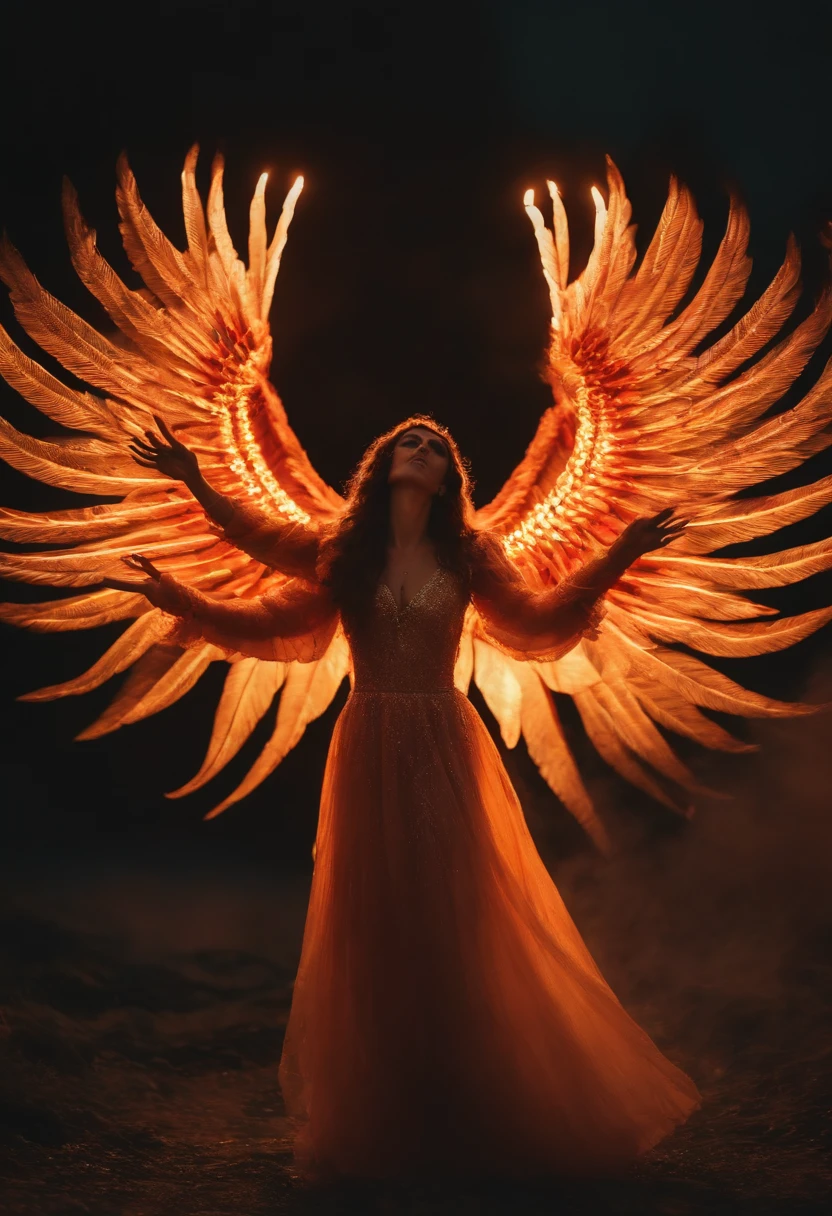(master part, best quality: 1.2), A girl with phoenix wings standing in a ring of fire, com olhos vermelhos brilhantes, phoenix, lotus flowers, rosa ouro vermelho, Nascer do sol da montanha ao fundo