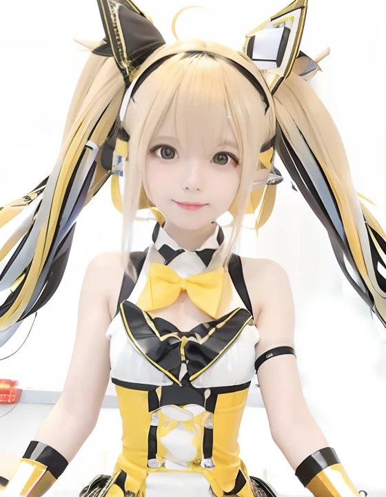 a cartoon image of a woman with long blonde hair and a yellow and black outfit, rin, live2d virtual youtuber model, , [[[[grinning evily]]]], kda, waifu, official artwork, joyful smirk, twintails, from the azur lane videogame, shikamimi, kagamine rin