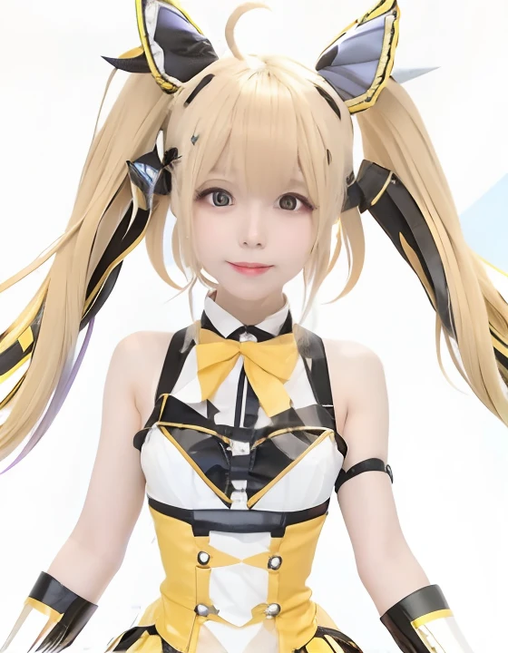 a cartoon image of a woman with long blonde hair and a yellow and black outfit, rin, live2d virtual youtuber model, loli, [[[[grinning evily]]]], kda, waifu, official artwork, joyful smirk, twintails, from the azur lane videogame, shikamimi, kagamine rin