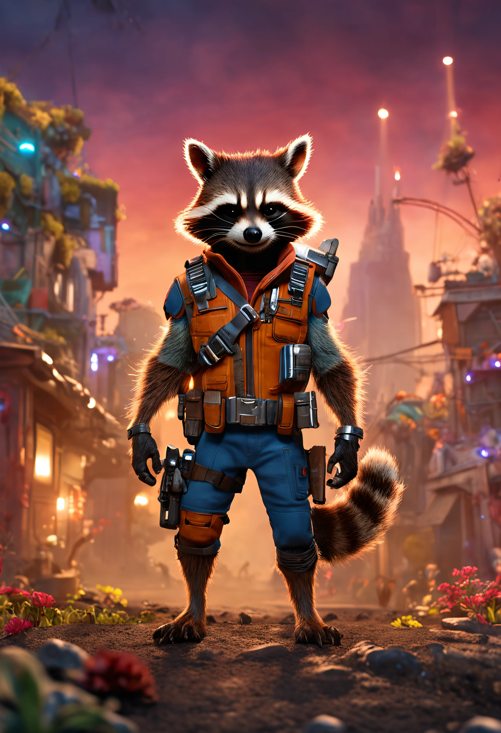 a painting of a rocket raccoon, (highres, best quality:1.2), radiance, soft contours, beautiful drawing, concept art, detailed background, unreal engine, cozy indoor lighting, artstation, detailed, digital painting, cinematic, character design by mark ryden and pixar and hayao miyazaki, unreal 5, daz, hyperrealistic, octane render,gotg ,guardians of the galaxy , rocket racoon