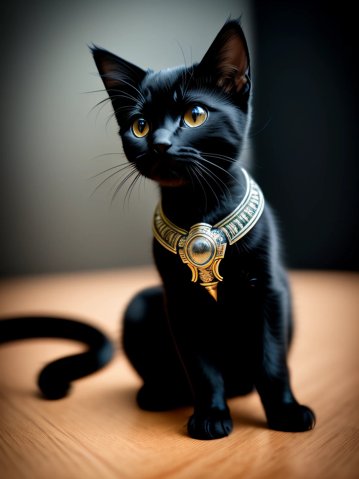 a cute black kitten made out of metal, (cyborg:1.1), ([tail | detailed wire]:1.3), (intricate details), hdr, (intricate details, hyperdetailed:1.2), cinematic shot, vignette, centered