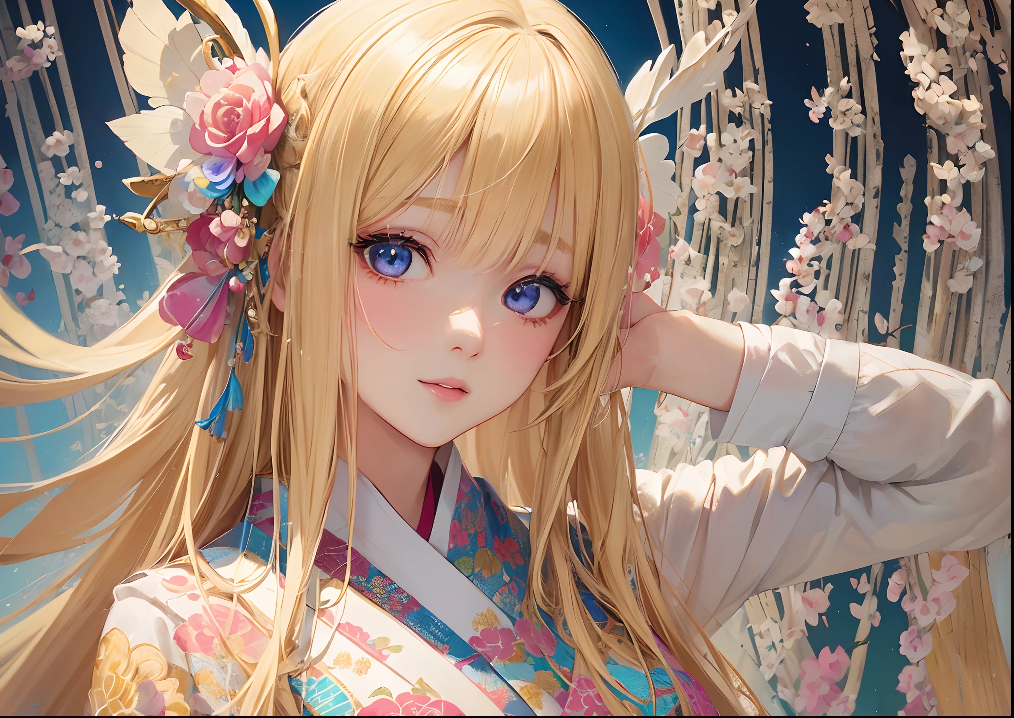 (masterpiece),((top-quality)),(offcial art),(Beautiful and indulgent:1.2),(1girl in:1.3),((Blonde Beauty))up on the face,Beautiful woman in pure white kimono,Detailed drawing。tiny chest,Vibrant colors。colourfull、View Viewer,highestdetailed ((ultra-detailliert)),(Highly detailed 2D illustrations),((Extremely delicate and beautiful))Super Detail