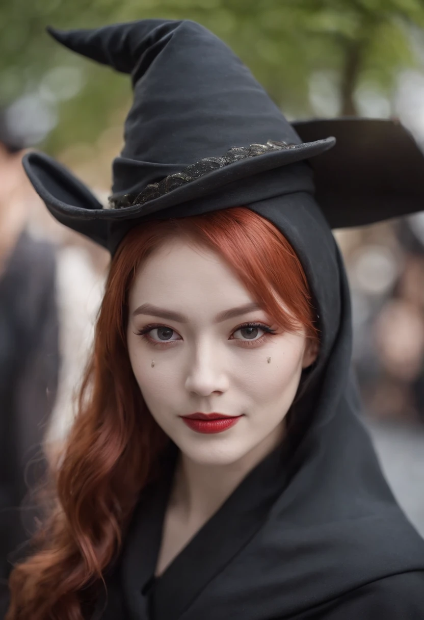 Beautiful redhead woman、japanes、Halloween Cosplay、Shibuya Street Snap、black cloak、Pointy hat、A slight smil、facepaint