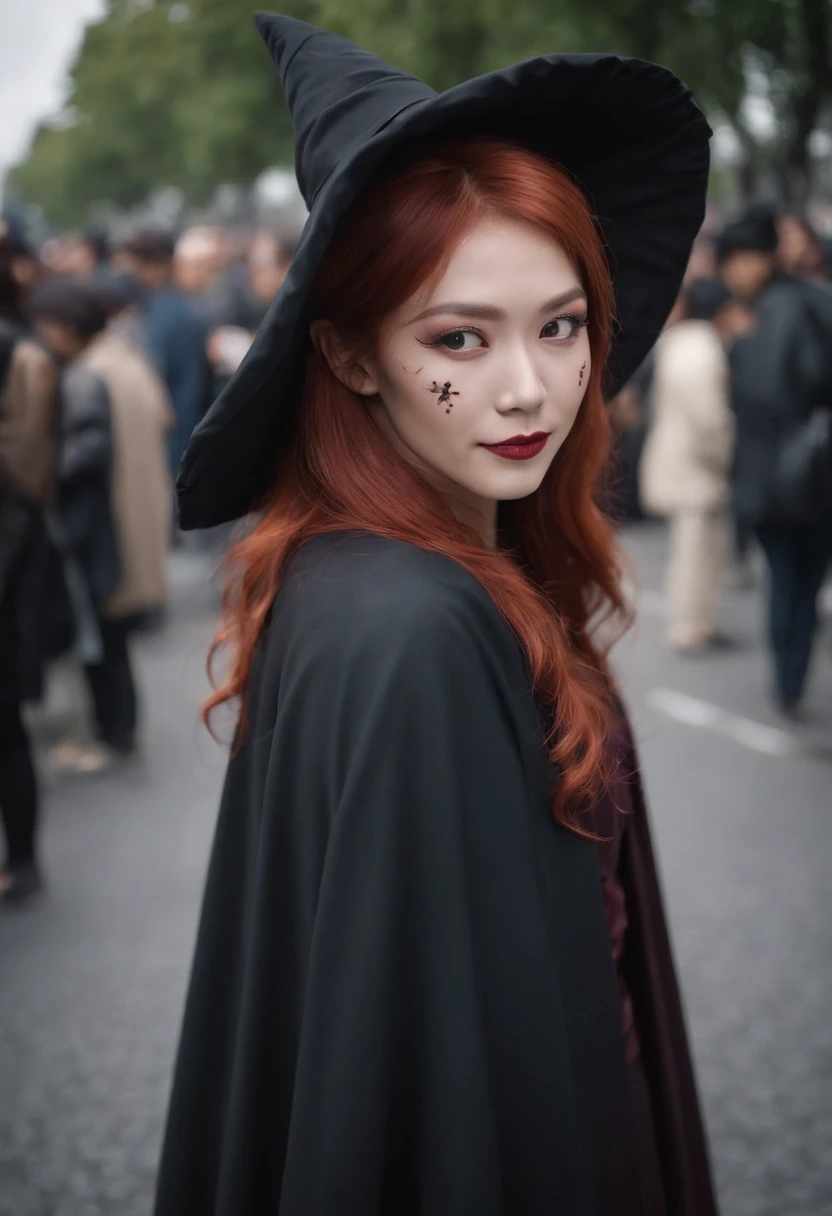 Beautiful redhead woman、japanes、Halloween Cosplay、Shibuya Street Snap、black cloak、Pointy hat、A slight smil、facepaint