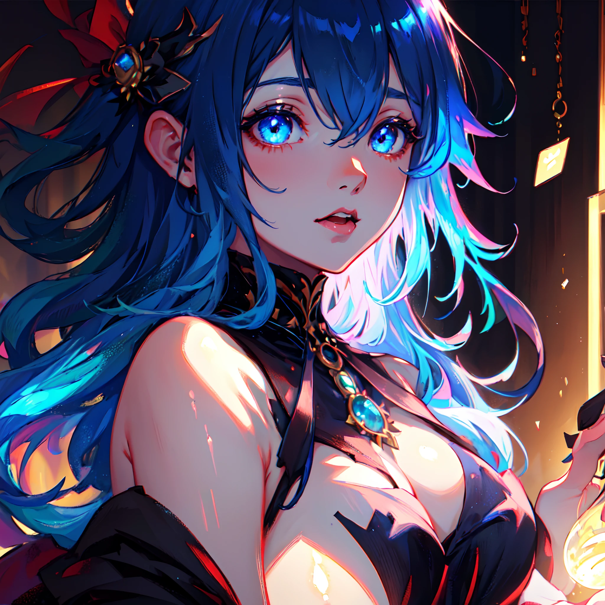 Ultra-detailed anime-style illustration of a beautiful vampire woman with iridescent eyes, Pale skin, Acuarela cabello azul profundo oscuro, tocado, Victorian gothic dress, destello de lente, profundidad de campo, Efecto Bokeh, retroiluminado, elegantee, elegante, impresionante, visualmente rico, Luces planas, colores planos, El sombreado, Arte de Best Anime Studios, por MSchiffer, 32k resolution, La mejor calidad, Ink lines, Focus on blue.