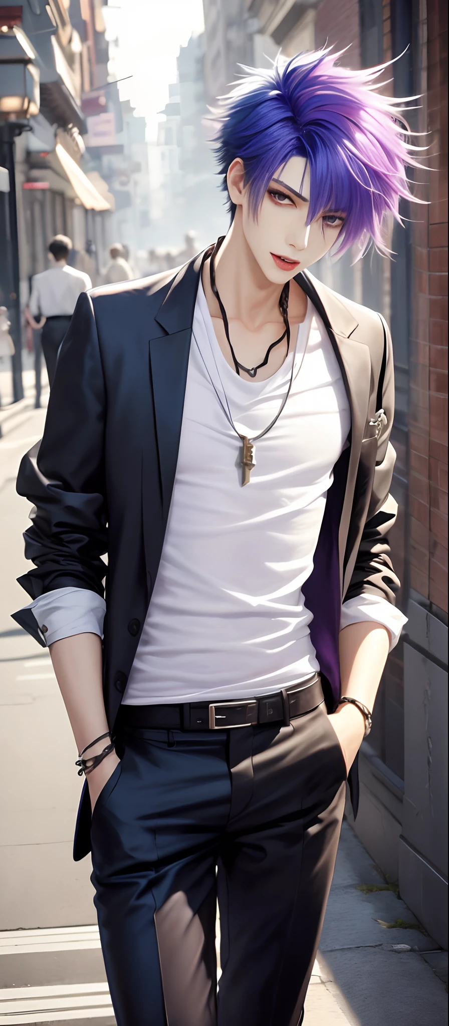 masterpiece, top-quality, 2Others, Male couple, 1 man and 1,, Adults, Height difference, different fashion, different color, finely eye and detailed face, intricate detailes, Naked, Casual clothing, white backgrounid, A smile, Happiness, tenderness, queers, Boys Love, high-level image quality、 selfee, Two beautiful men、tall、The upper part of the body、nightfall、nighttime scene、𝓡𝓸𝓶𝓪𝓷𝓽𝓲𝓬、Korean Male, Idol Photos, Model photo, k pop, Professional Photos, Vampires, Korean fashion with black pants and white Y-shirt, Fedoman with necklace, inspired by Sim Sa-jeong, androgynous vampire, :9 detailed face: 8, extra detailed face, detailed punk hair, ((eyes are brown)) baggy eyes, Seductive. Highly detailed, semi realistic anime, Vampires, hyperrealistic teen, delicate androgynous prince, imvu, short hair above the ears, Man with short hair, With a purple-haired man with a wild expression, Man with light blue hair with gentle expression, ((With a short-haired man with bright purple hair)), ((Man with light blue hair)), Take off your shirt and pose