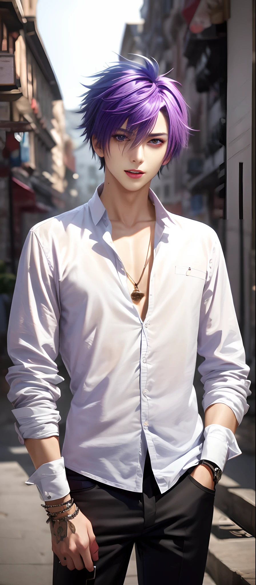 masterpiece, top-quality, 2Others, Male couple, 1 man and 1,, Adults, Height difference, different fashion, different color, finely eye and detailed face, intricate detailes, Naked, Casual clothing, white backgrounid, A smile, Happiness, tenderness, queers, Boys Love, high-level image quality、 selfee, Two beautiful men、tall、The upper part of the body、nightfall、nighttime scene、𝓡𝓸𝓶𝓪𝓷𝓽𝓲𝓬、Korean Male, Idol Photos, Model photo, k pop, Professional Photos, Vampires, Korean fashion with black pants and white Y-shirt, Fedoman with necklace, inspired by Sim Sa-jeong, androgynous vampire, :9 detailed face: 8, extra detailed face, detailed punk hair, ((eyes are brown)) baggy eyes, Seductive. Highly detailed, semi realistic anime, Vampires, hyperrealistic , delicate androgynous prince, imvu, short hair above the ears, Man with short hair, With a purple-haired man with a wild expression, Man with light blue hair with gentle expression, ((With a short-haired man with bright purple hair)), ((Man with light blue hair)), Take off your shirt and pose