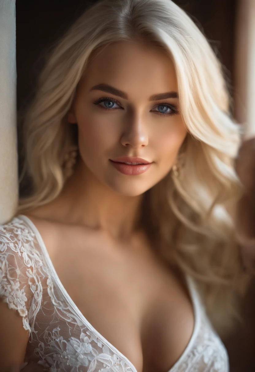 professional, (4k photo:1.1) by (Jeremy Lipking:0.3), (Dittmann Anna:0.3), (Arian Mark:0.3), (Sharp focus:1.3), high detail, beautiful detailed face, hazel eyes, long blonde hair, (attractive young woman:1.3), (seductive:1.1), (blushing:1.1), hourglass body shape, large round big breasts, wide thicc hips, blonde goddess, smiling seductively, pretty face, perfect white haired girl, satisfied pose, cute seductive smile, beautiful blonde girl, good young girl, beautiful angle, attractive pose, cute girl, sexy pose, a gorgeous blonde, full body picture, full body, full body shoot, wearing lace bra garter belt and stockings