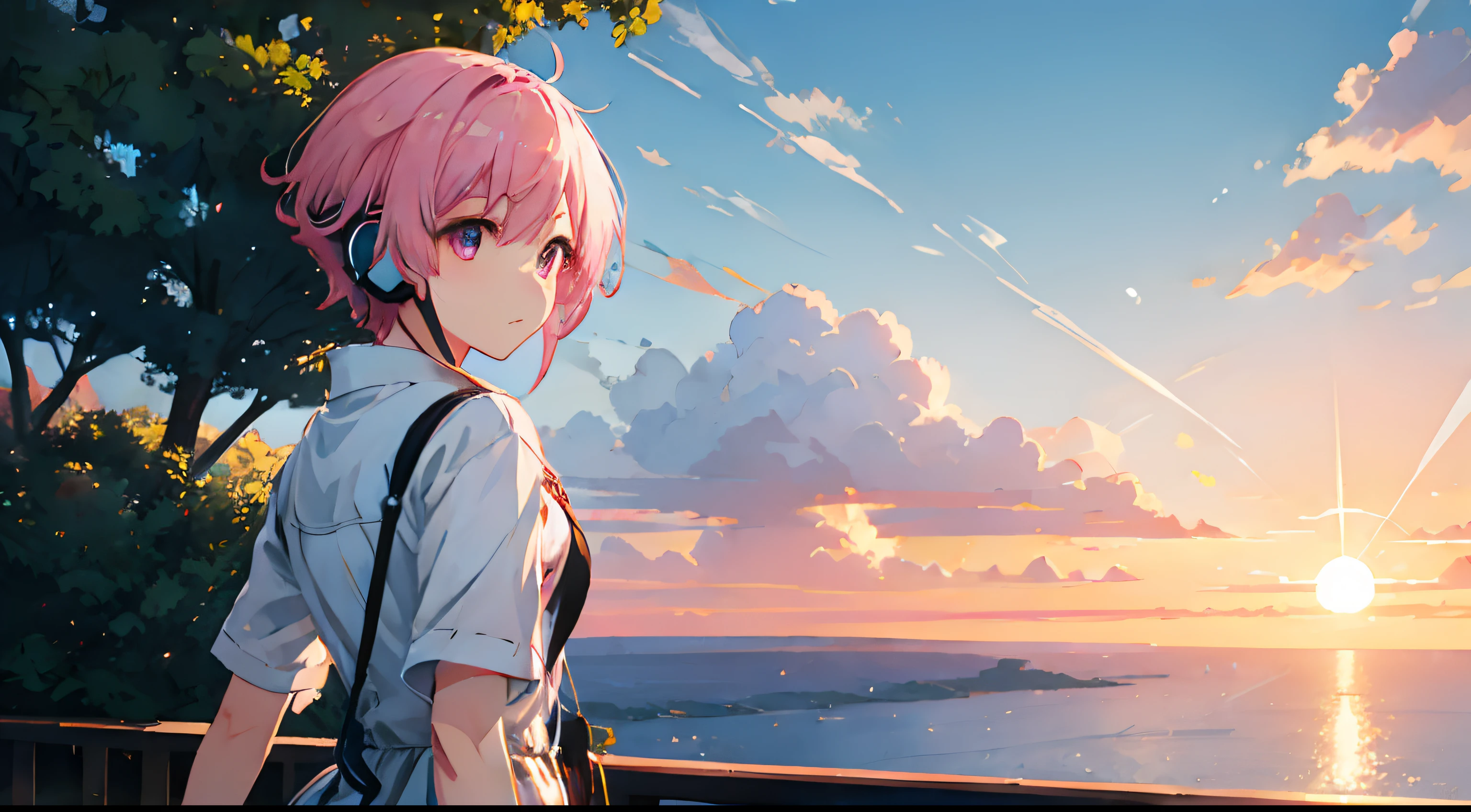 Large grasslands、landscapes、Movie stills、Sea、Sunset in the city(Spark:0.7)、Scenery like Makoto Shinkai、pink shorth hair、Pink eyes、headphones、kawaii、Hair is short、short-cut、eyes large、