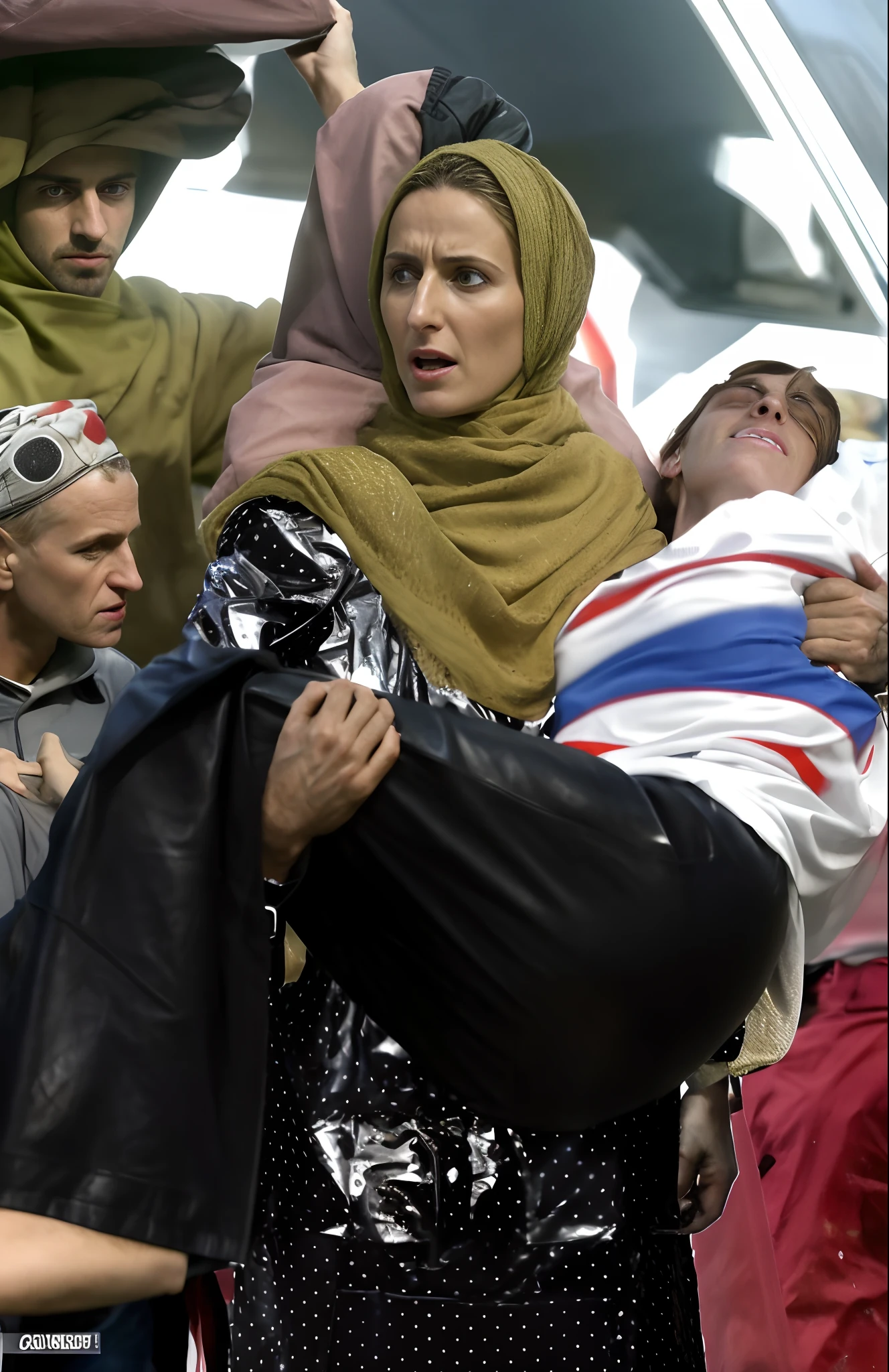 first aid, injury, a street scene in the background, dramatic action pose, loveful pose, thetralic loving action, there are two arabic girls in high-shine latex-hijabs carrying a badly wounded man between in matte cotton shorts in their arms, there are two arabic girls with wetlook shiny black latex-hijabs carrying a wounded man in their arms, there is a man in matte shorts hanging consciousless in the arms in front of two arabic girls, there are two arabic girls holding the body of a consciousless and shorthaired man in matte cotton shorts in their arms, there is a helpless and wounded man in mattecotton shorts being lifted by two very shiny arabic girls, there is a wounded man in matte shorts being held by two arabic girls in high-shine hjabs, pity, drama theatralic pose, erotoc, pityful, pain, accident