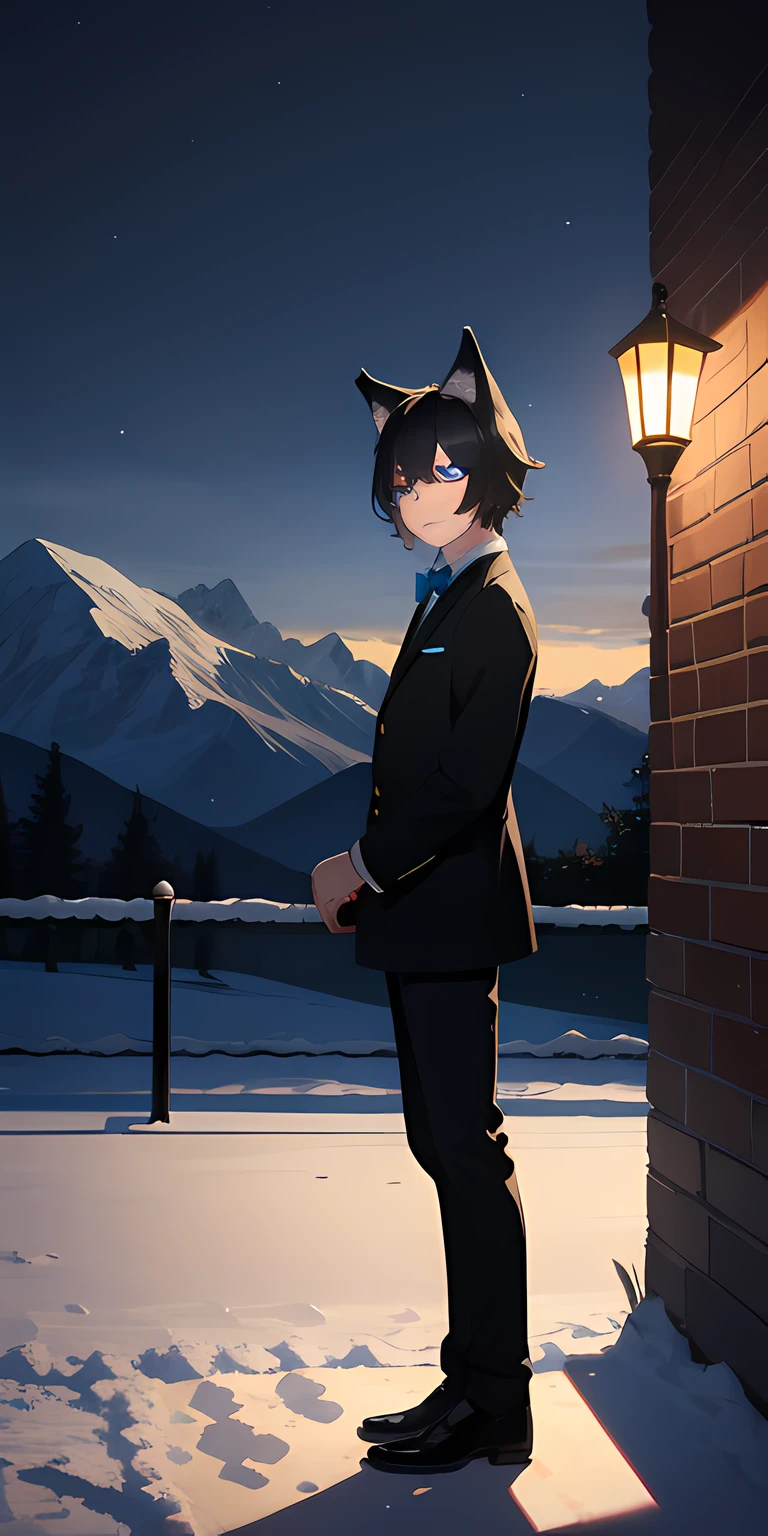1boy, (best quality), (masterpiece), (hard shadow:1.3), solo, (black hair), (wolf ears), standing, butler, heterochromia, left eye blue, right eye red, outdoors, scenery, (night sky), mountains, snow, (lamp)