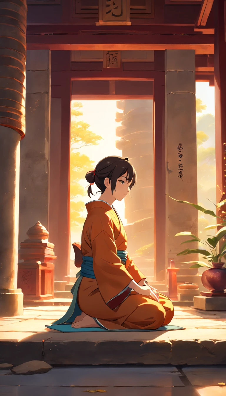 (best quality,4k,8k,highres,masterpiece:1.2),ultra-detailed,(realistic,photorealistic,photo-realistic:1.37),a monk sitting cross-legged,shaved head,meditating,robes flowing,serene look on his face,ancient temple in the background,diffused golden light streaming through the windows,soft incense smoke filling the air,peaceful atmosphere,crimson and ochre color palette,subtle shadows playing on the stone walls,carved wooden pillars adorned with intricate symbols,aged stone floor,leaves rustling gently in the breeze outside,tranquil surroundings,quiet solitude,intense concentration,deep spiritual connection,mastering the art of martial arts,surreal beauty of the sacred space,trial of discipline and self-discovery,harmony between mind and body,captivating sense of balance,endless journey of enlightenment,Shaolin tradition and wisdom,whispers of ancient mantras,cherished sanctuary of serenity.