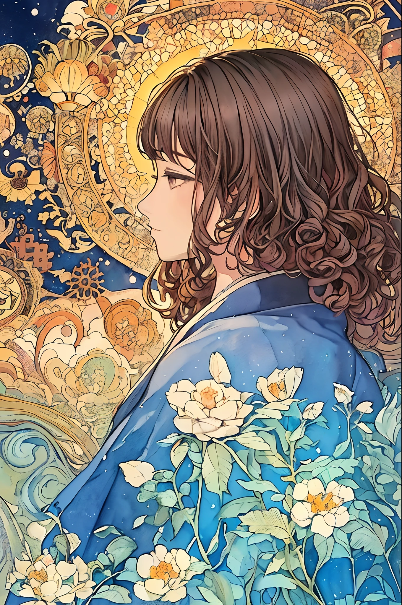(masterpiece、top-quality、top-quality、watercolor paiting(Curly)、Official art、Beautifully Aesthetic:1.2)、(1girl in:1.3)、(Fractal Art:1.3)、(Kimono)、((profile))、Flowers and Birds Fugetsu、Sateen、Powder snow、Slide、Thousand Cranes、clouds、lantern、starrysky、stele、