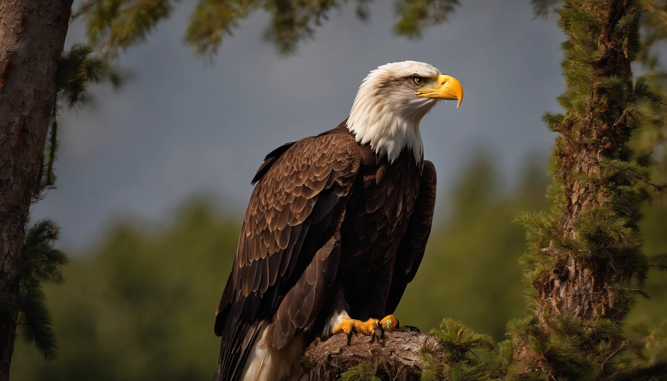 a beautiful bald eagle, meticulously detailed, perched atop a tree