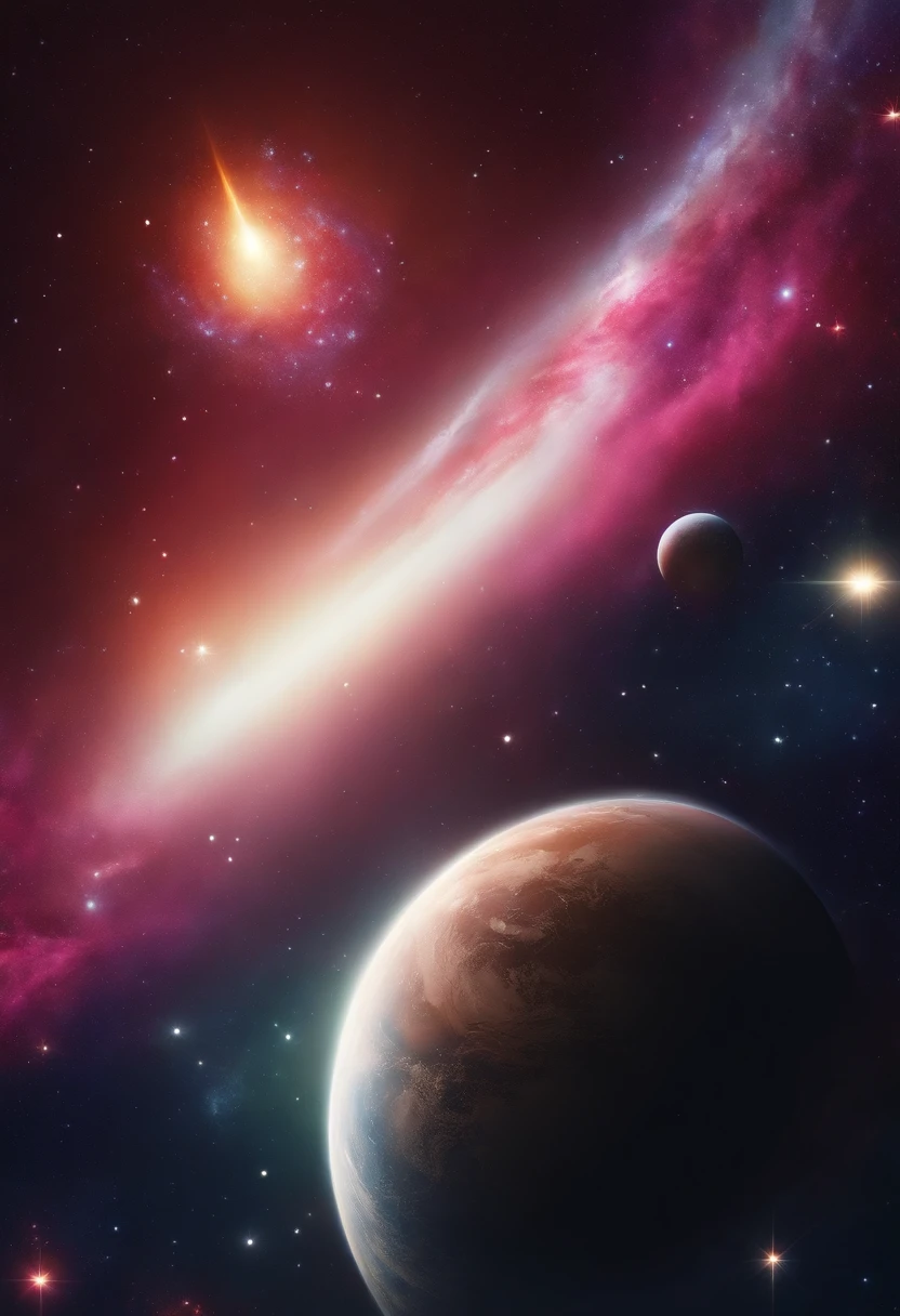 Pixar animation style UP design - light color painting, Shooting, Space scene - a white cylindrical spaceship rocket with 2 round windows Red - gold - silver in front. Stars with bright backgrounds — planet Saturn — are few planets floating in space, Background fluorescent green nebula, Fluorescent light blue nebula, Dark bright blue space in the middle of the earth, Bagroponde, Nebula magenta is sky pink