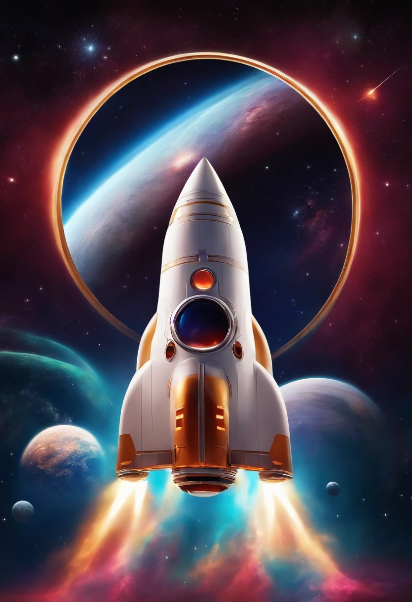 Pixar animation style UP design - light color painting, Shooting,  Space scene - a white cylindrical spaceship rocket with 2 round windows Red - gold - silver in front. Stars with bright backgrounds — planet Saturn — are few planets floating in space, Background fluorescent green nebula, Fluorescent light blue nebula, Dark bright blue space in the middle of the earth, Bagroponde, Nebula magenta is sky pink