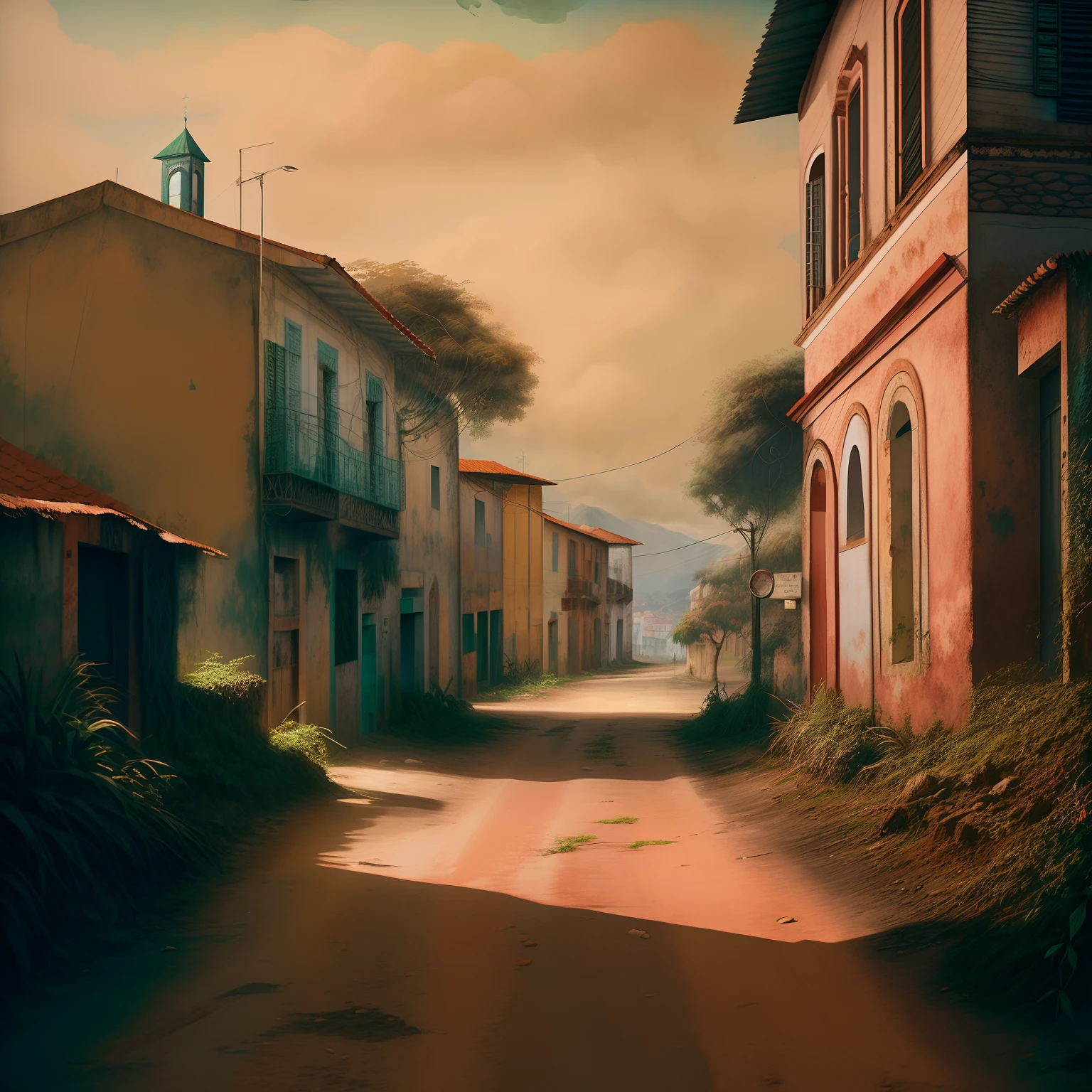 There is a dirt road that leads to a building with a clock tower, Rua empoeirada, foto realista de uma cidade, ruas abandonadas, rua tranquila, cena da cidade do campo, vila pitoresca, pintura fosca, cidade abandonada, Directed by: Artur Tarnowski, inspirado em Franz Sedlacek, Vila Velha, paisagem fotorrealista, pintura fosca bonita, cena surreal