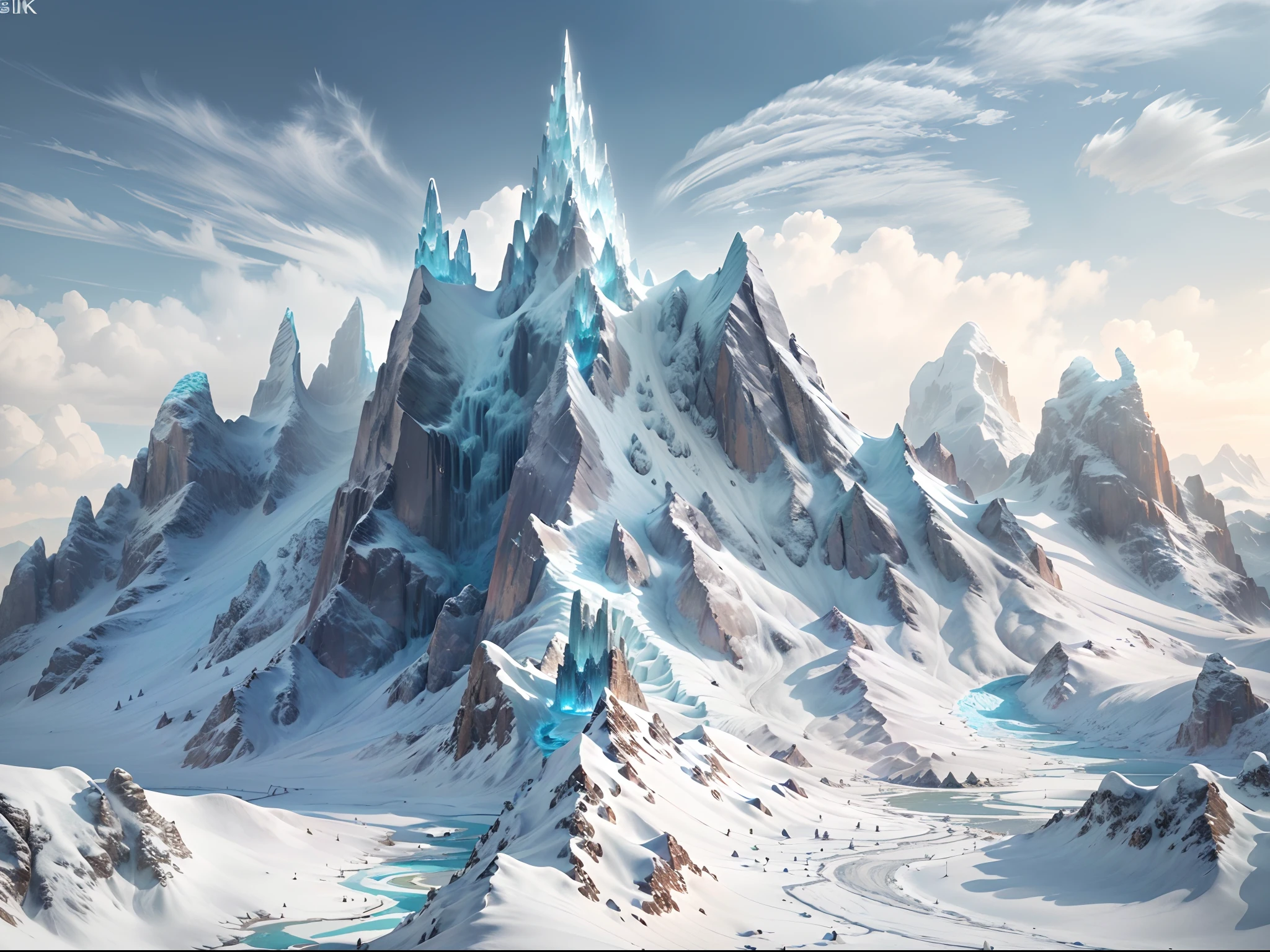 (best quality,4k,8k,highres,masterpiece:1.2),ultra-detailed,(realistic,photorealistic,photo-realistic:1.37),wide view,spiky snowy mountain,mountain top,ice, snow, spike, ice punk style,cold winter visual,blizzard,lots of small mountains, big mountain, surround