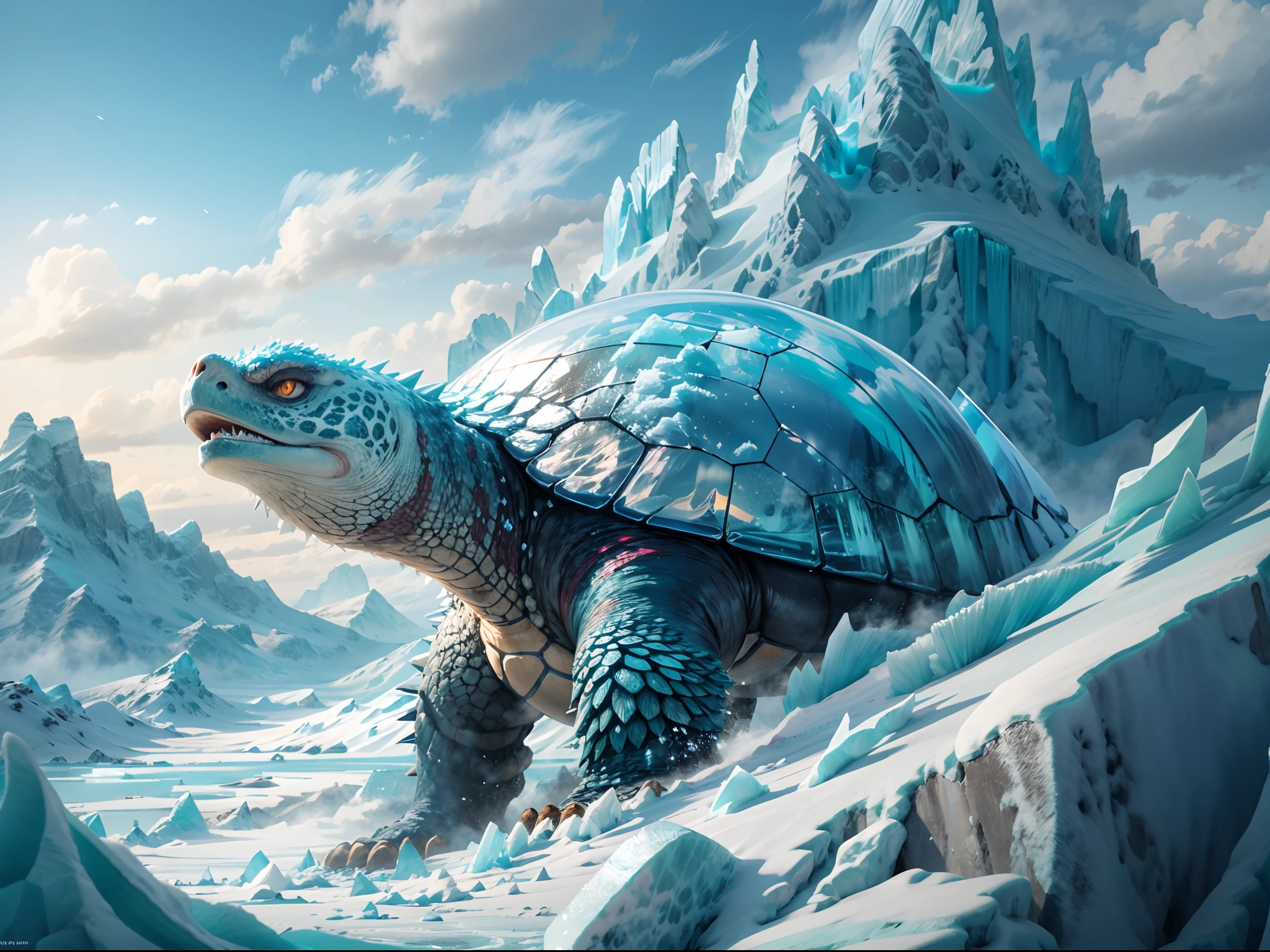 best quality,4k,8k,highres,masterpiece:1.2,ultra-detailed,realistic:1.37,winter eco-system,turtle kaiju,image of a gigantic turtle kaiju standing on the snow,spiky mountain,large spiky mountain on its shell,vivid color,vivid color ice mountain,magical,artistic,portrait,detailed eyes,long eyelashes,intense expression,icy blue color,twinkling snowflakes,frosty breath,frozen landscape,harsh winter,quiet and serene atmosphere,smooth and glossy shell,reflection on the shell,crystal-clear icicles,huge paws,sharp claws,imposing posture,towering figure,tall ice cliffs,majestic scenery,mystical lighting,subtle shades of blue,cloudy sky,icy ground,freezing temperatures,heavy snowfall,mesmerizing icy patterns,evokes a sense of wonder and awe.