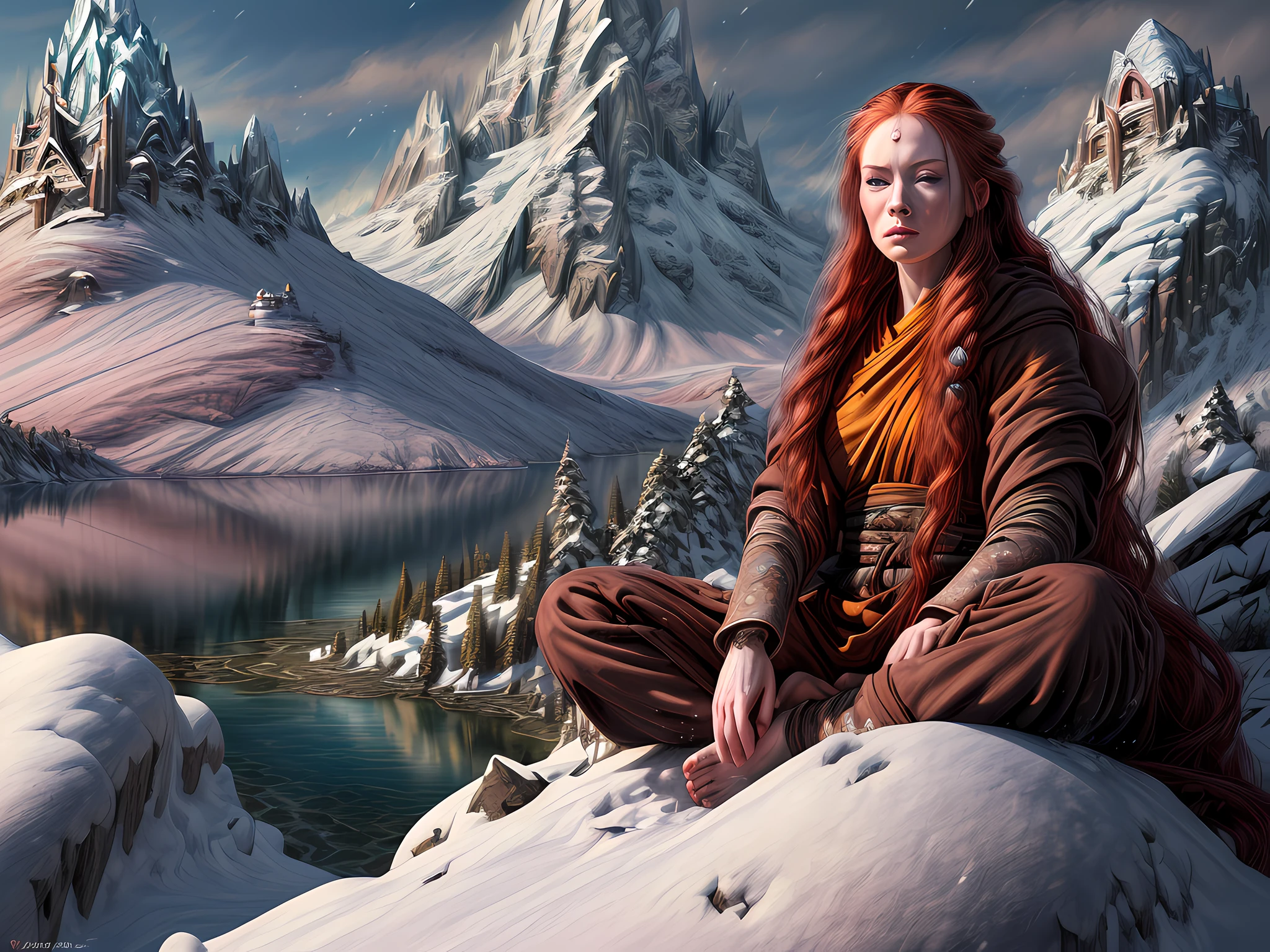 fantasy art, photorealistic, D&D art, a picture of a female monk sitting and meditating on a snowy mountain, on top of a snowy mountain there is a human woman monk wearing monk garbs, meditating near a bonfire on top of the snowy mountain, red hair, long hair, full body (best Detailed, Masterpiece, Hyperrealistic :1.5), ultra detailed face (best Detailed, Masterpiece, Hyperrealistic :1.5), ultra feminine (best detailed, Masterpiece, Hyperrealistic :1.5), Perfect Body, exquisite beautiful (best Detailed, Masterpiece, Hyperrealistic :1.5) red hair, long hair, braided hair, pale skin, blue eyes, intense eyes, ultra best realistic, best details, best quality, 16k, [ultra detailed], masterpiece, best quality, (extremely detailed), ultra wide shot, photorealism, depth of field, hyper realistic painting, zrpgstyle