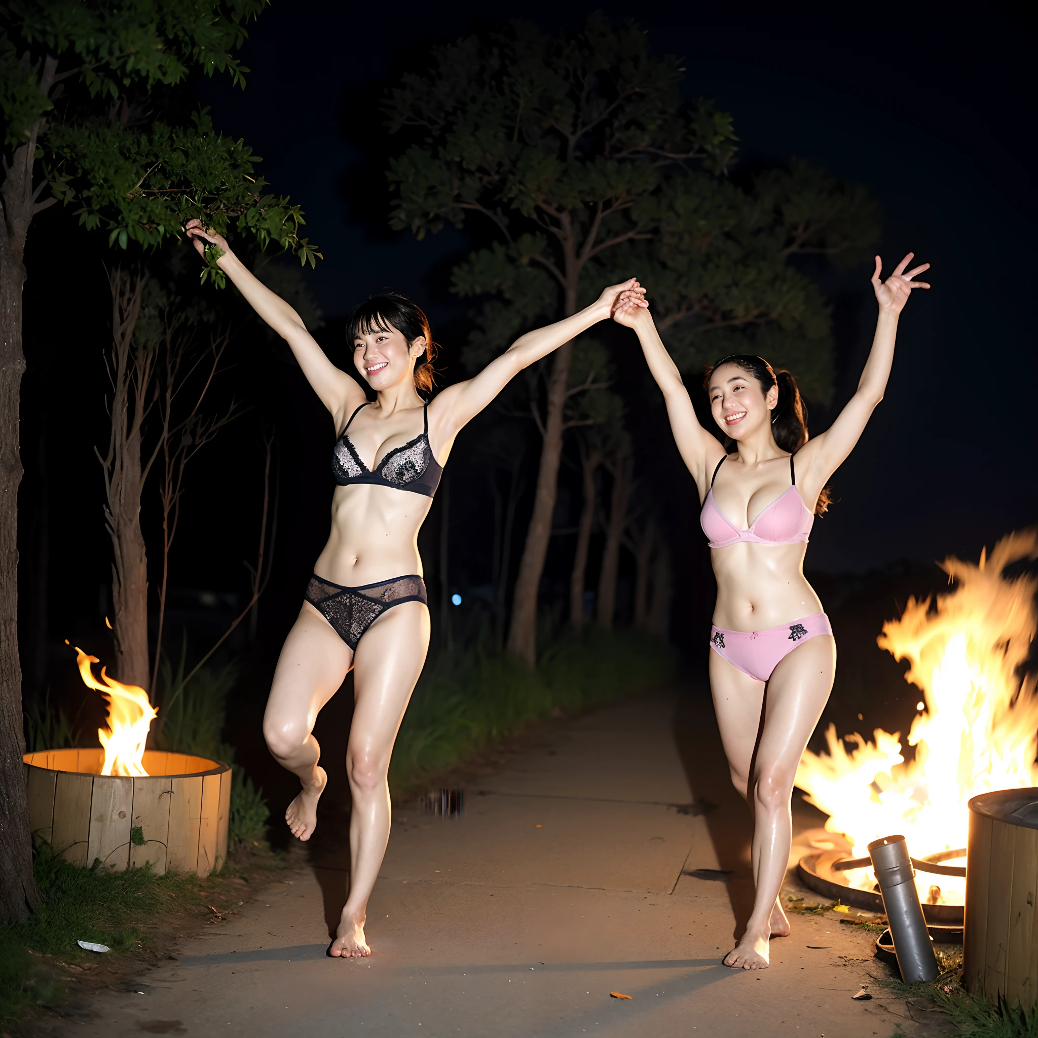(8K, RAW Photos, ultra-quality, ultra-detailed CG with unity 8K Wallpaper, masutepiece:1.2), SIGMA Lens 35mm F10 , Shutter Speed 1/125, ISO 1600, fish-eye lens、Solo, japanes,Photo of a cute Japanese woman, 20yr old, Gani crotch、No makeup、Put a pink ribbon on your hair、(爆乳:1.5)、Fat and flabby body:1.5、Fat and flabby upper arms:1.5,(Show cleavage:1.5)、Strapless、bra very、(Show panties:1.5), (Show me the perineum:1.5)、Display fat and flabby belly:1.5、Show thick thighs:1.3、(looking at me:1.5), (Luster of sweat-soaked skin:1.0)、(hair wet with sweat:1.0)、Old open-air campsite:1.5、mid night:1.5、Big campfire:1.5、Messy garbage:1.2、 Performing a bizarre dance with torches in both hands:1.5, ((Open legs))、Sexy sweet laugh、Show crotch:1.5、Spread your arms、bend arms、 Trees that get messed up:1.2