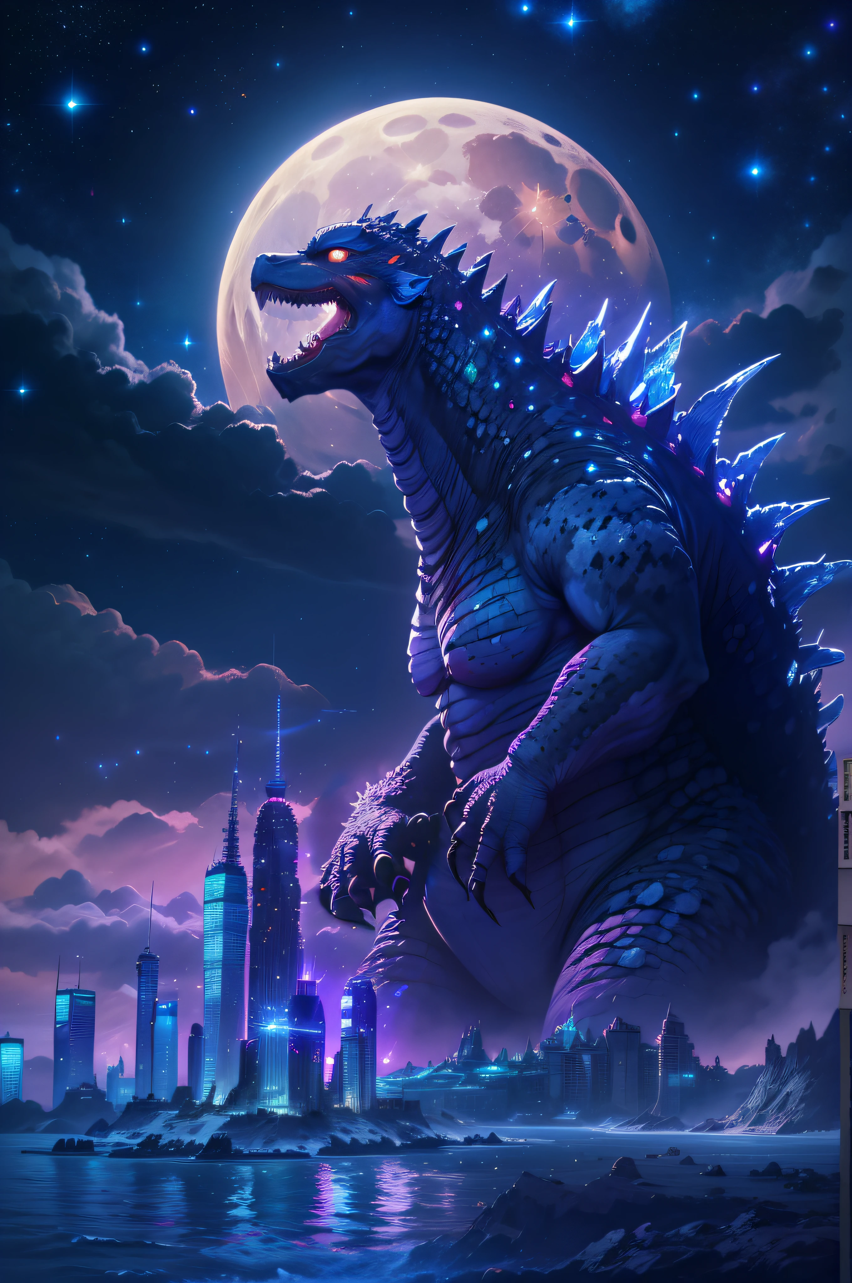 Godzilla stands in front of the city on a full moon night, kaiju towering above new york, godzilla portrait, Godzilla, character portrait of godzilla, giant kaiju dragon monster, manticore, kaiju battle, dan munford. 8 k octane render, 4k highly detailed digital art, high detailed official artwork, wojtek fus