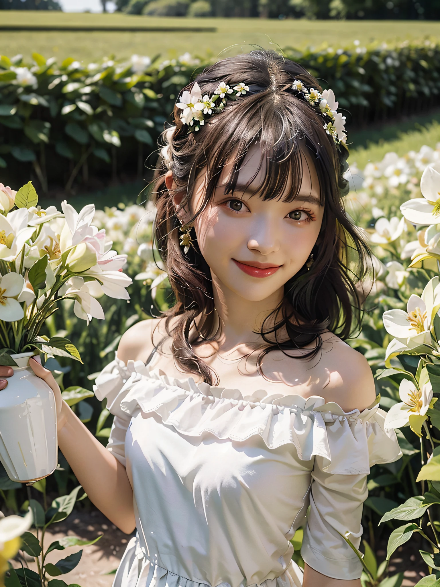 Best quality, masterpiece, ultra high res, (photorealistic:1.4), raw photo, 1girl, white dress, off shoulder, blossom flower field, glowing skin, light smile