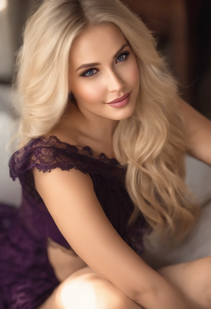 professional, (4k photo:1.1) by (Jeremy Lipking:0.3), (Dittmann Anna:0.3), (Arian Mark:0.3), (Sharp focus:1.3), high detail, beautiful detailed face, hazel eyes, long blonde hair, (attractive young woman:1.3), (seductive:1.1), (blushing:1.1), hourglass body shape, large round big breasts, wide thicc hips, blonde goddess, smiling seductively, pretty face, perfect white haired girl, satisfied pose, cute seductive smile, beautiful blonde girl, good young girl, beautiful angle, attractive pose, cute girl, sexy pose, a gorgeous blonde, full body picture, full body, full body shoot, naked, purple lingerie, black stockings