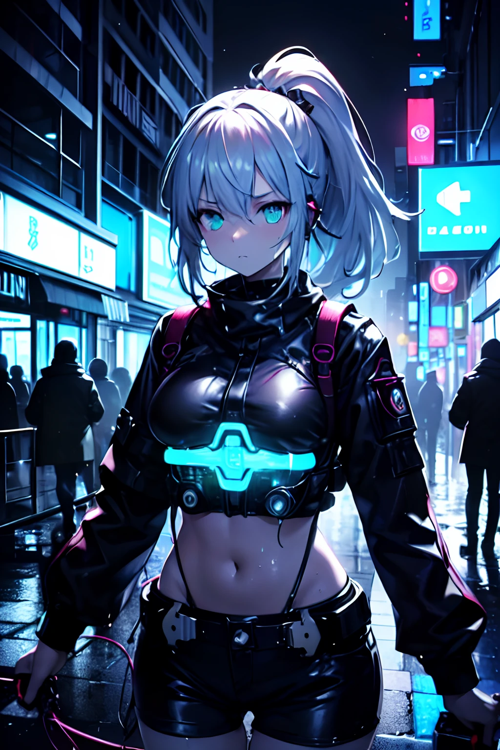anime girl with carrier pack and uniform in the city, oppai cyberpunk, cyberpunk accesories, high ponytail with neon thin wires, ((neon wires on hair)) , silver metal, City neon ligths on her, girl on spotligth, almost dark gigure with ligths hiting her body on eyes, breast, hips, very dark ambient, break domain visuals, intense contrast colors, cyan, green, blue palette, cold tones, looking away, very serious attitude, punk attitude, punk body language, ligth particles, polution, grim world, sadness, radioactive city, gloom ambient, damage tubular structures, rusty tech, wet streets, crowded city, ((brilliant drones beetween skycrappers))