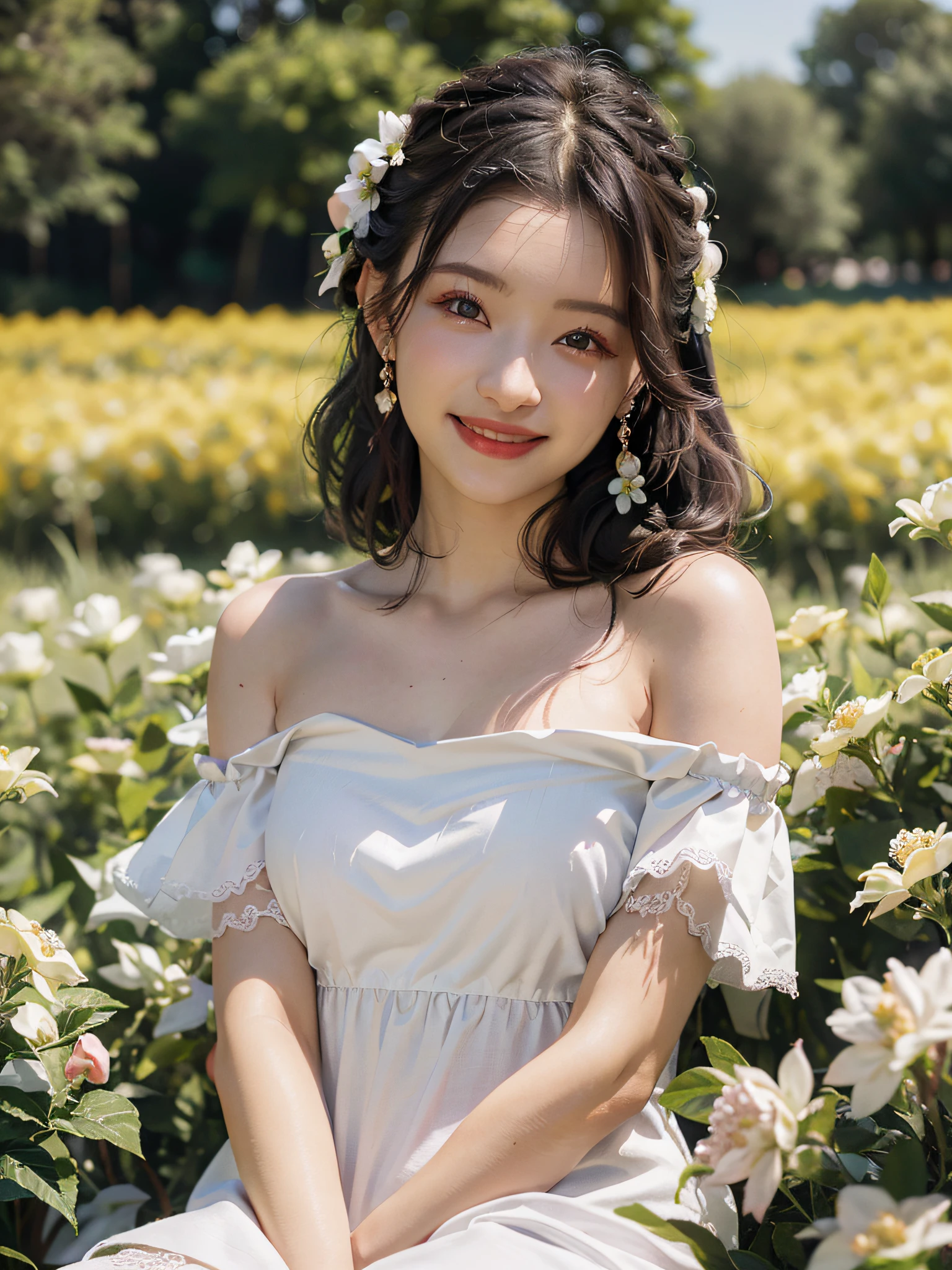 Best quality, masterpiece, ultra high res, (photorealistic:1.4), raw photo, 1girl, white dress, off shoulder, blossom flower field, glowing skin, light smile