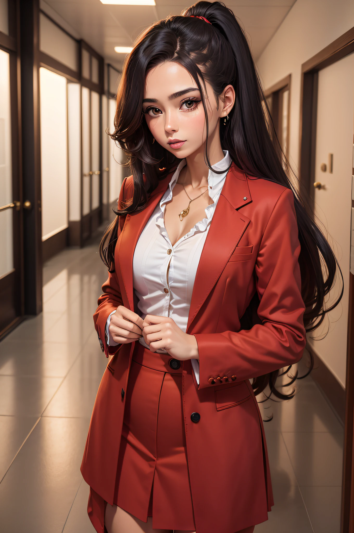 alta qualidade, best quality, master part, absurdos, vermelho_suit jacket, fita, vermelho_olho, loiro_Hair, curto_Hair, Hair_fita, sorrir, 1girl, Roupas rasgadas, pieces of cloth, japonesa veterinaria