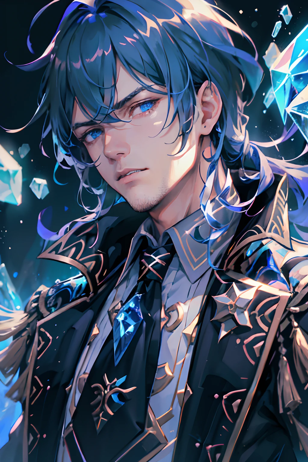 1 male solo, mature, handsome, tall muscular guy, broad shoulders, diluc (genshin impact), blue hair, brown coat, brown pants, black tie with blue crystal, dynamic pose, dramatic light, cinematic shot, ((blue crystals, ice)), abstract blue swirls, ((blue background)), snowflakes, ((portrait closeup face))