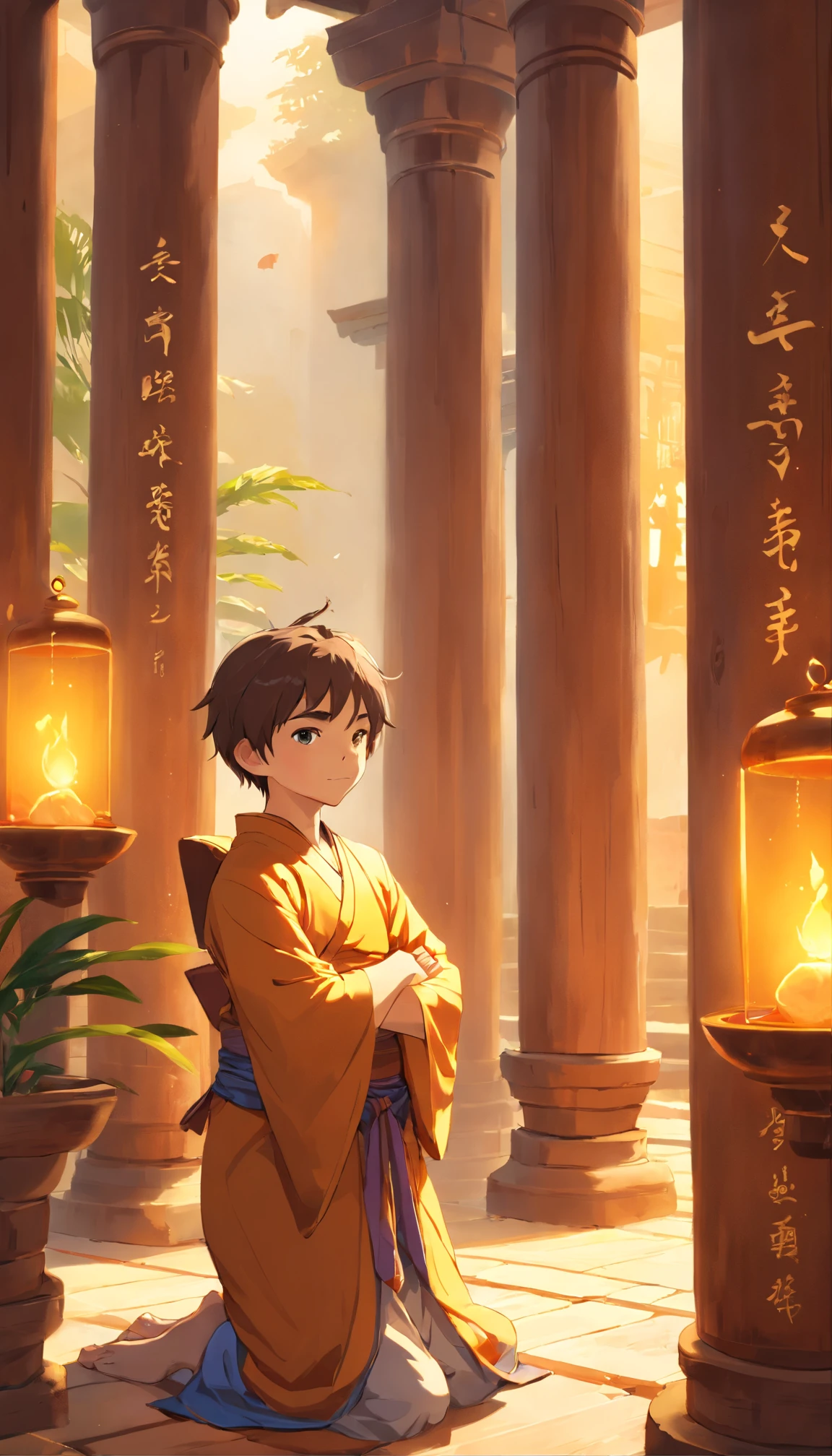 (best quality,4k,8k,Altas,master part:1.2),ultra-detalhado,(Realistic,fotorrealista,photo-realistic:1.37),a child monk boy sitting cross-legged,shaved head,Meditando,vestes fluindo,olhar sereno em seu rosto,templo antigo no fundo,diffuse golden light streaming through the windows,soft incense smoke filling the air,peaceful atmosphere,paleta de cores carmesim e ocre,sombras sutis brincando nas paredes de pedra,Carved wooden pillars adorned with intricate symbols,piso de pedra envelhecida,folhas farfalhar suavemente na brisa do lado de fora,ambiente tranquilo,silent solitude,intense concentration,Deep spiritual connection,Dominando a arte das artes marciais,Surreal beauty of sacred space,Julgamento da disciplina e autodescoberta,harmonia entre mente e corpo,captivating sense of balance,Endless journey of enlightenment,Shaolin tradition and wisdom,sussurros de mantras antigos,Dear Shrine of Serenity,.