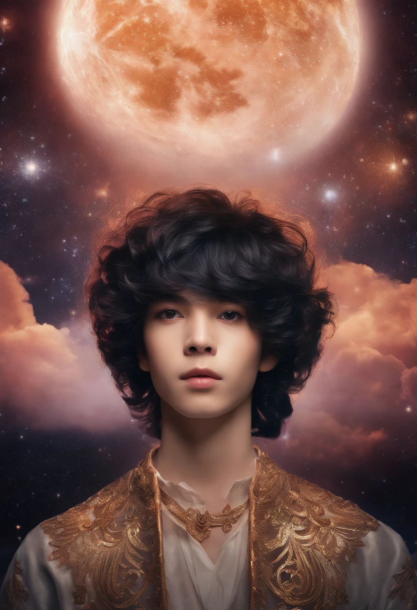 Highly detailed, High quality, Masterpiece, Beautiful, 1boys, Starry, strry light, Night, Colorful, Cloud, Star \(sky\), GigaChad, Create mesmerizing combinations of iridescent colors, Has an overlapping mode, Color leakage, and psychedelic effects, Reminiscent of a kaleidoscope, Black hair