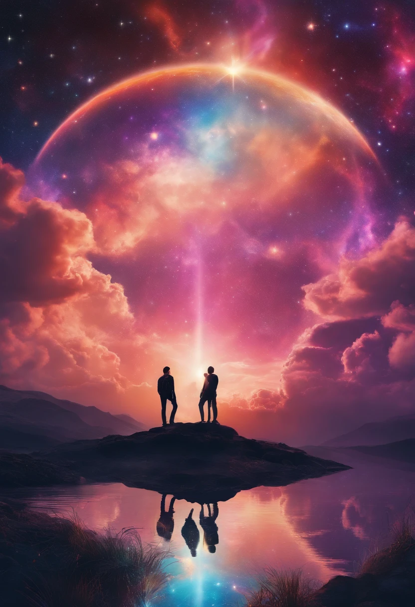 Highly detailed, High quality, Masterpiece, Beautiful, 1boys, Starry, strry light, Night, Colorful, Cloud, Star \(sky\), GigaChad, Create mesmerizing combinations of iridescent colors, Has an overlapping mode, Color leakage, and psychedelic effects, Reminiscent of a kaleidoscope, Black hair